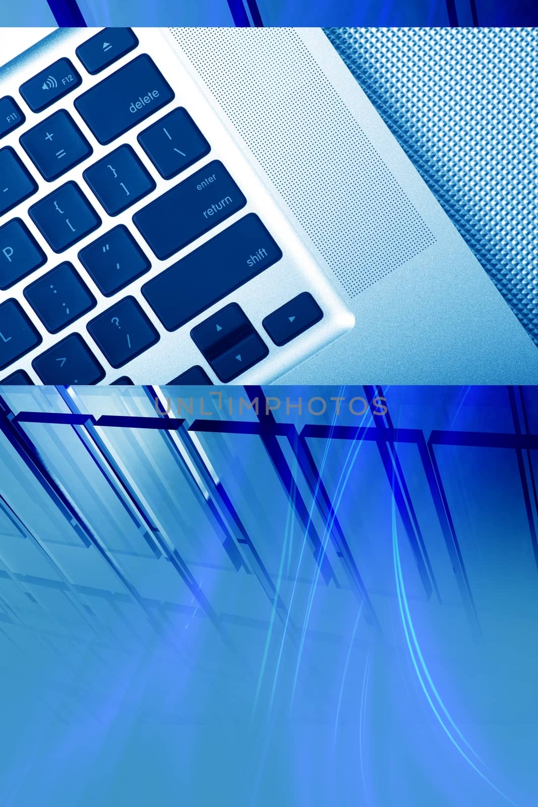 Computer Technology Background. Blue Computer Theme Copy Space Background. Part of Modern Laptop Computer and Glassy Background. Vertical Design.