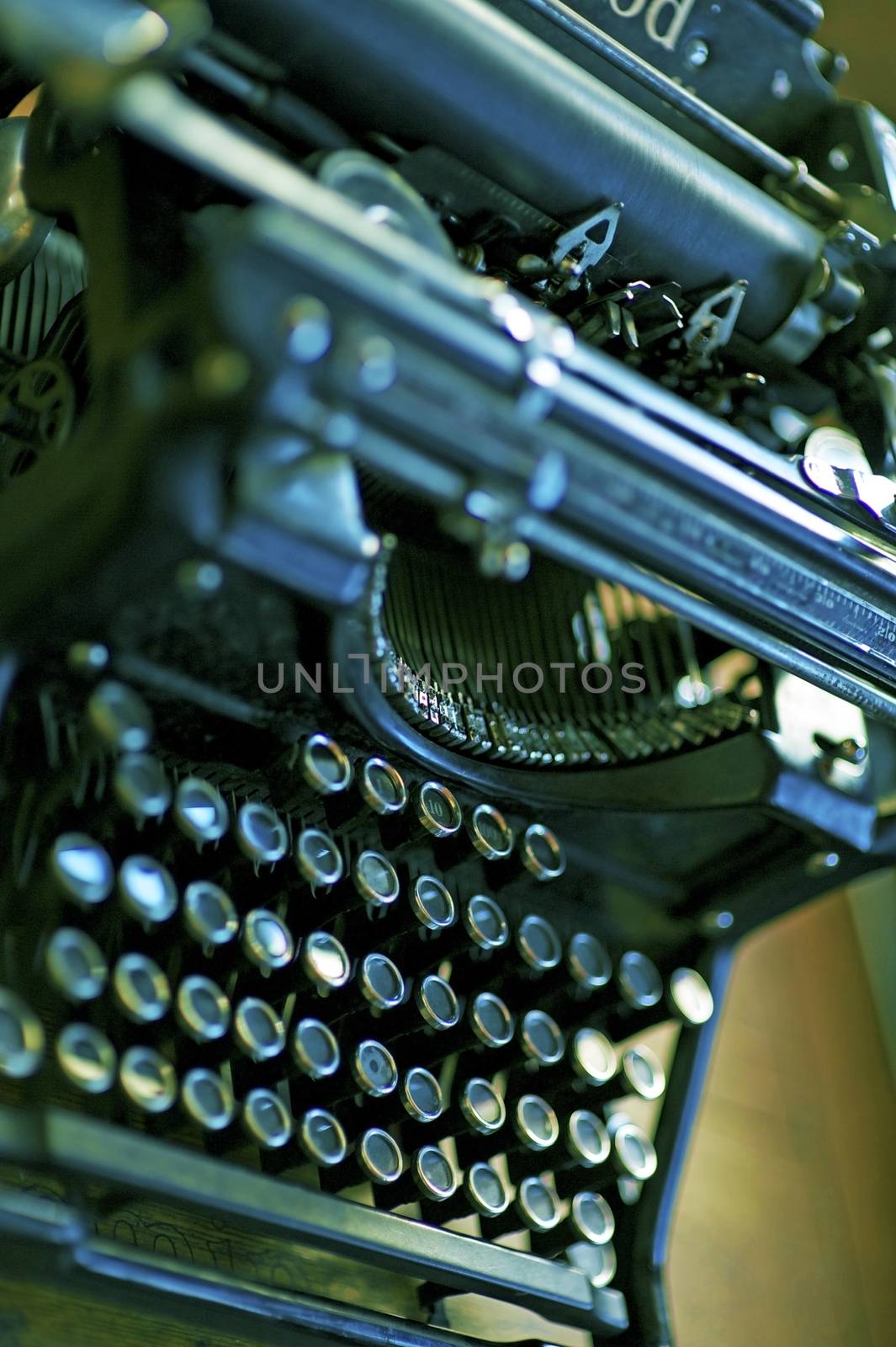 Old Typewriter Machine. Vintage Typewriter Machine Closeup Vertical Photography