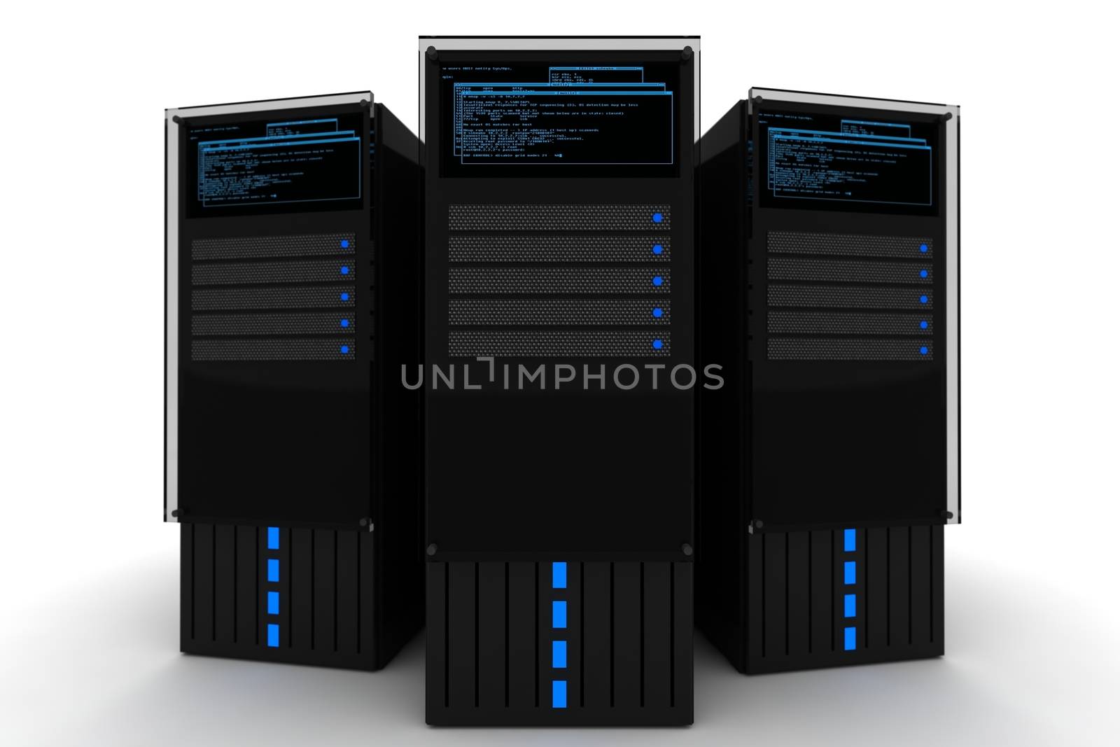 The Datacenter. Three Black Servers 3D Render on the White Background. Hosting - Datacenter Illustration.