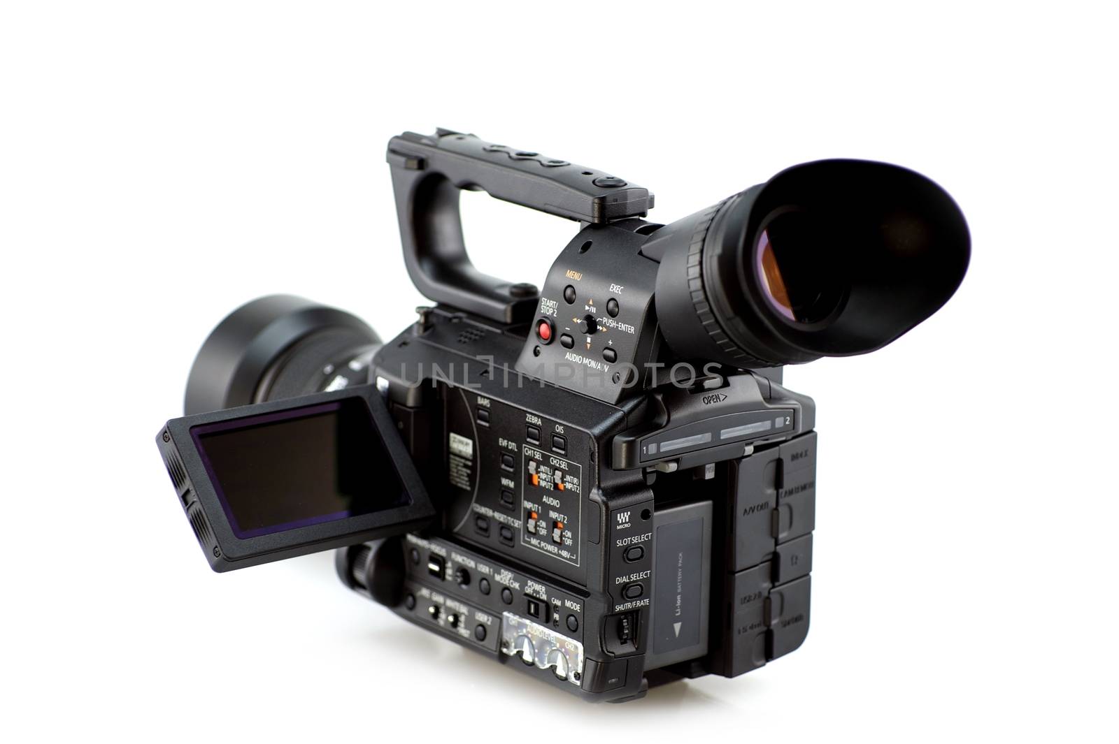 Professional Motion Picture / 4/3 Sensor Video Camera with 35mm Lens and Open Side Display. White Background.