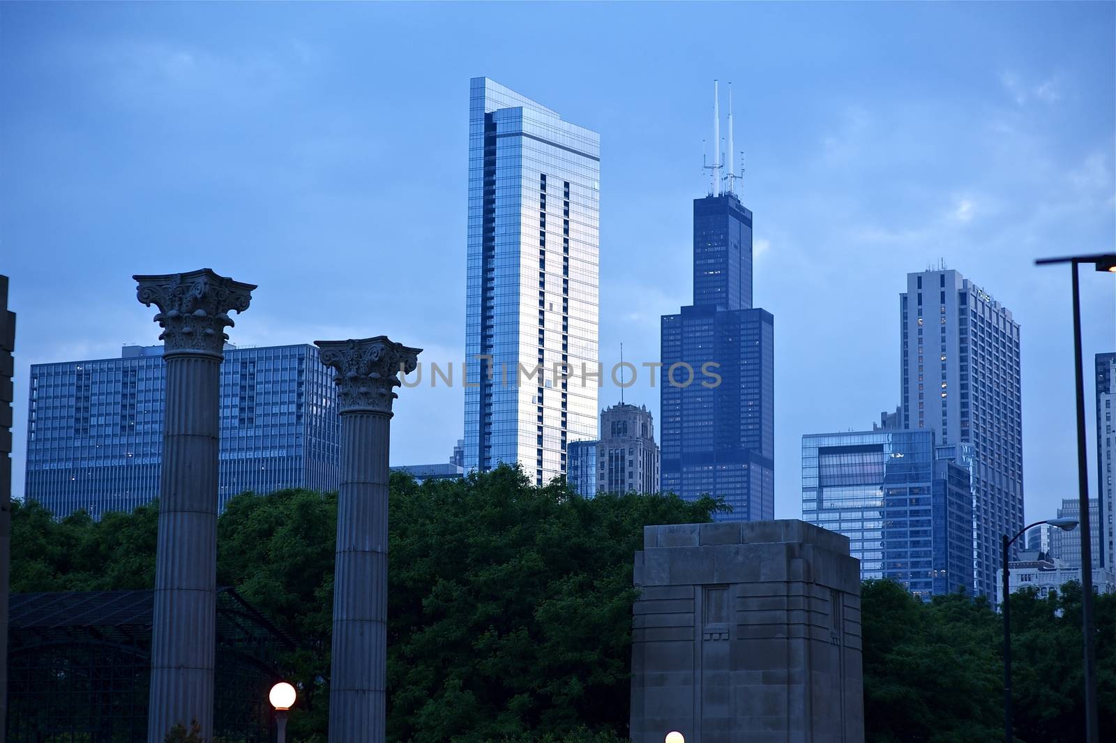 Millennium Park and Skyscrapers - Chicago, Illinois USA. American Architecture After Sunset. Summer 2010