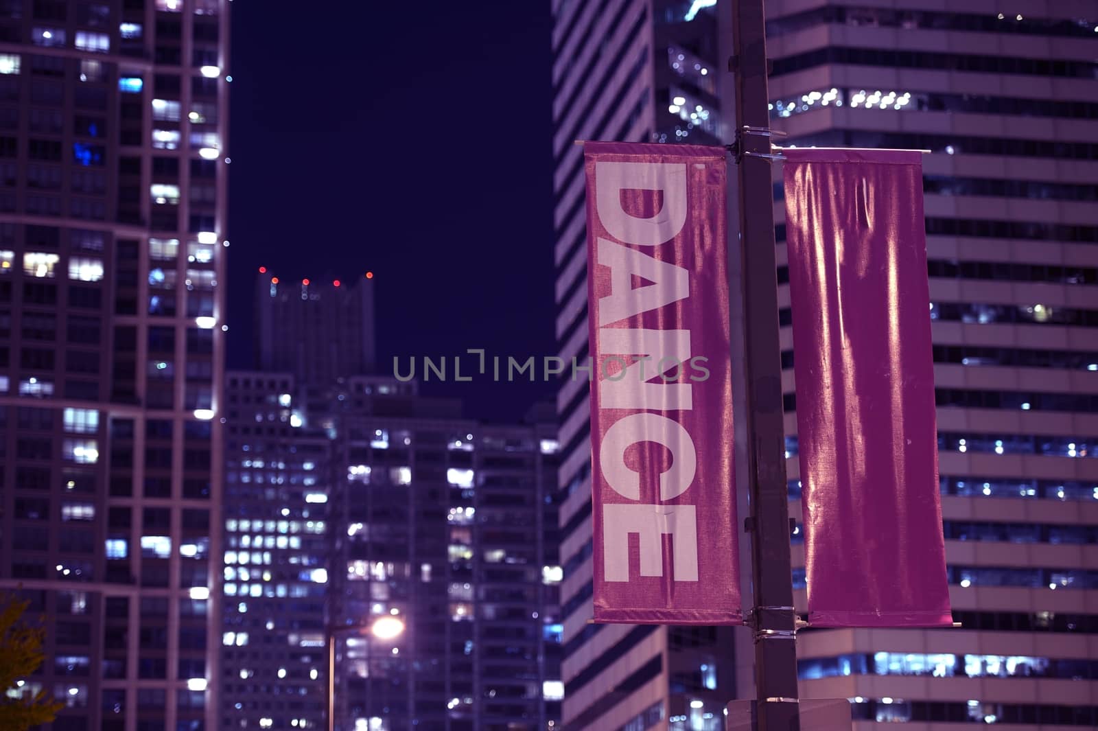 Double Sided Pole Banners. Night Hours Photography. Urban Theme. Dance Banner.