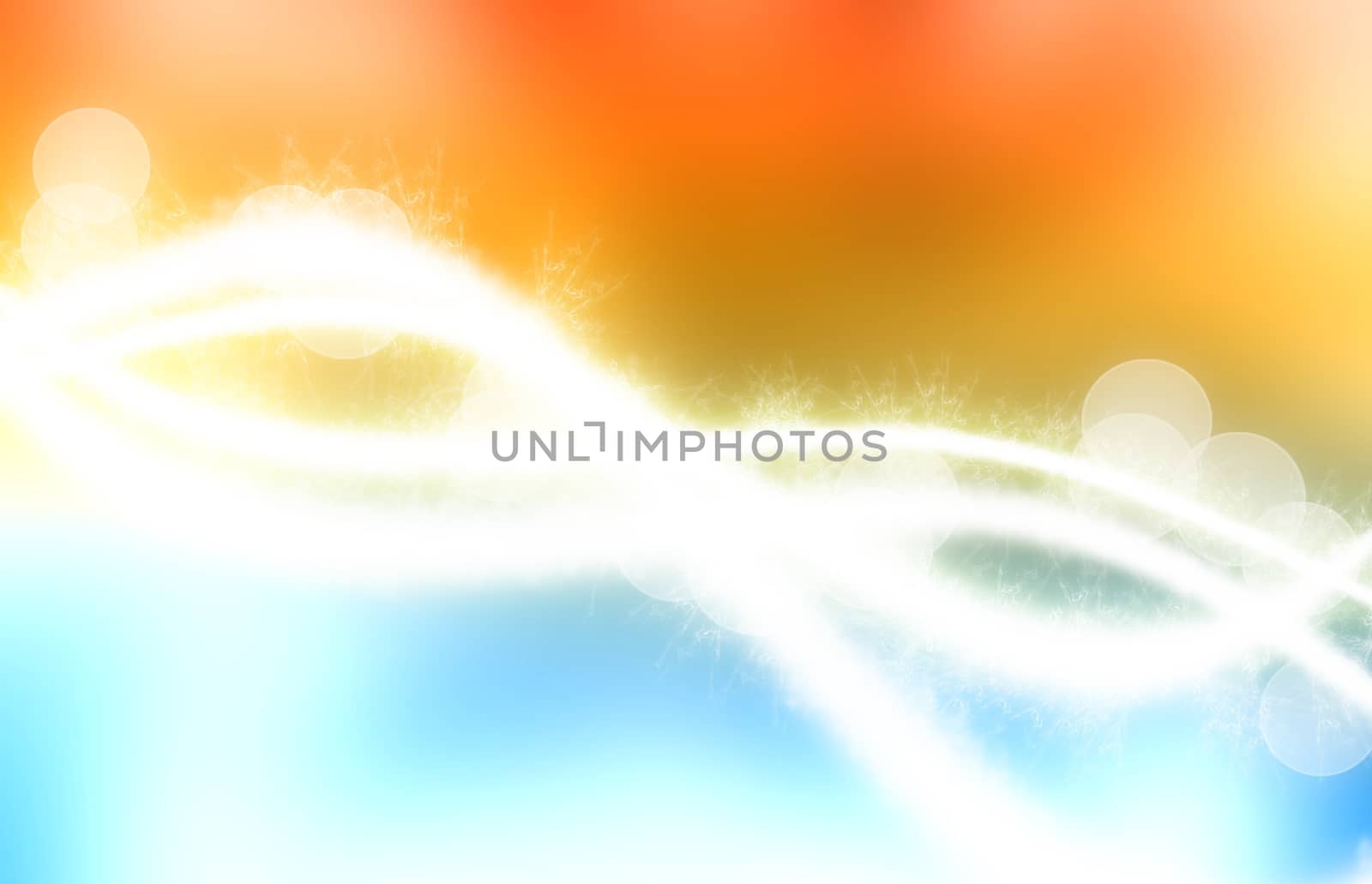 Bright Background with Light Rays and Bokeh Circles. Orange-Blue Colors