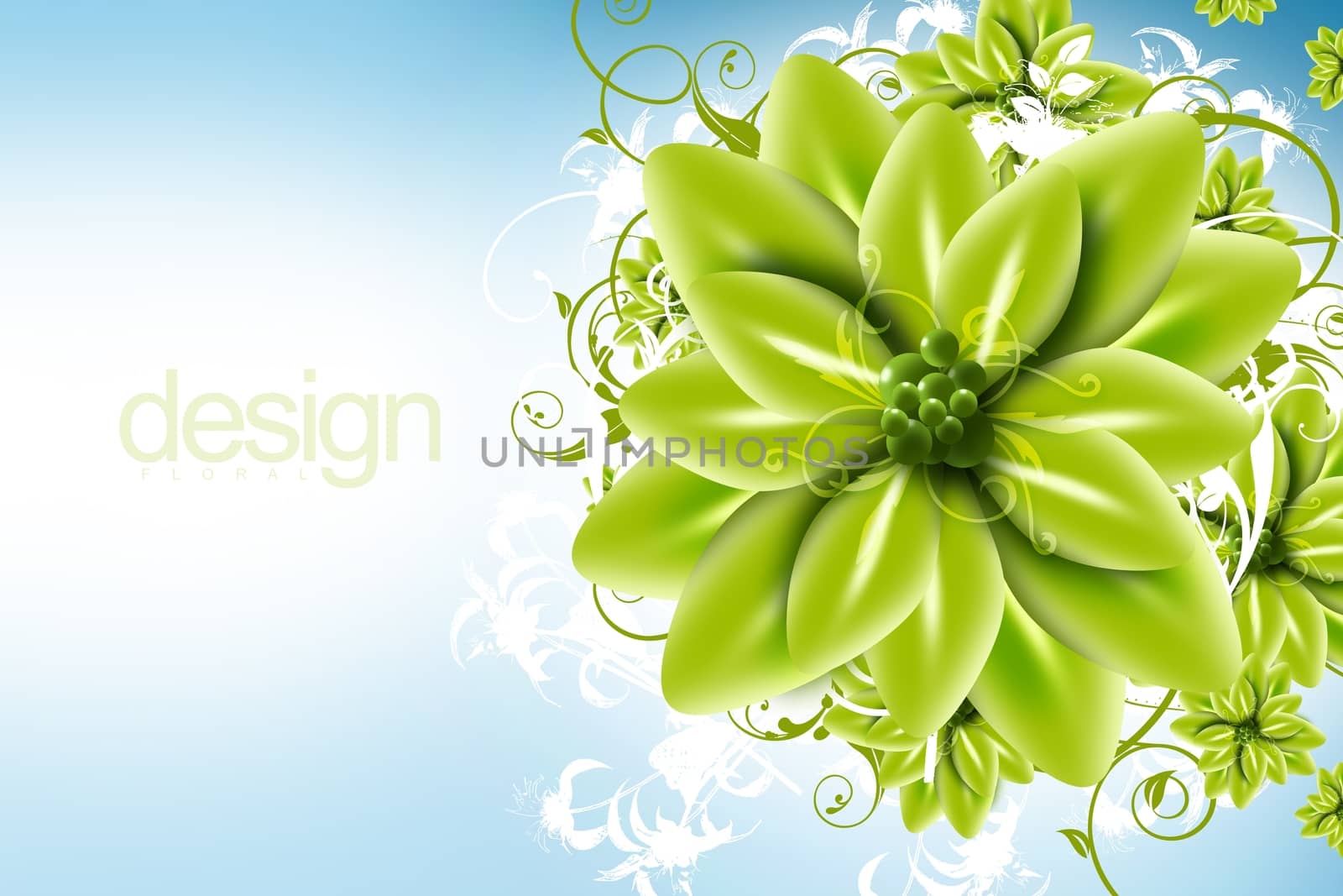 Digital Floral Design. Cool Green Flowers Illustration with Copy Space.  Yellow Kiwi Green Flowers on Light Blue Background.