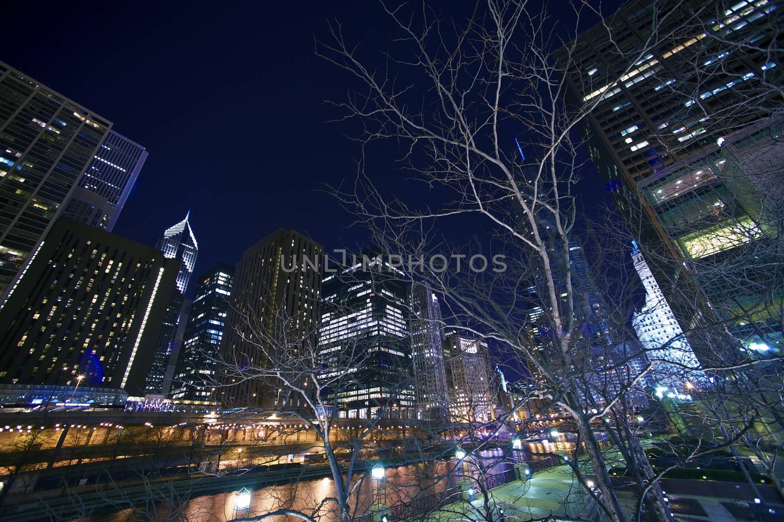 Cityscape at Night - Downtown Chicago, Illinois, United States of America. Chicago After Dark. Chicago River.