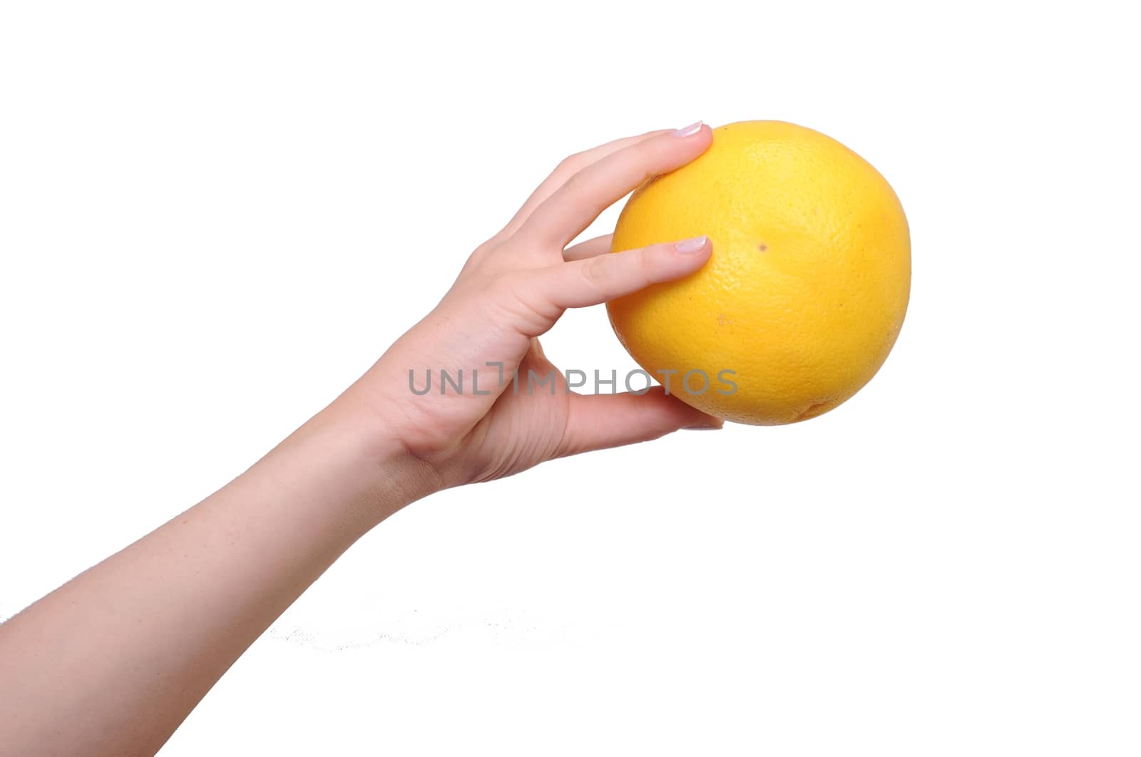 Grapefruit in a Female Hand. Isolated on White.