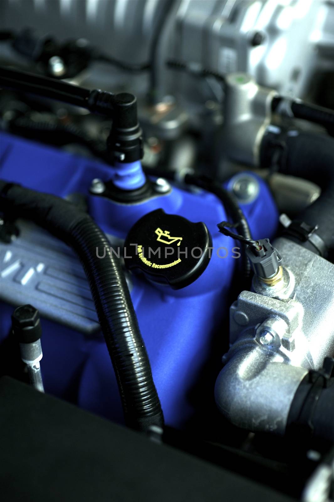 Vehicle Engine with Blue Block Elements and Oil Icon. This is Performance Tuned Vehicle Engine.