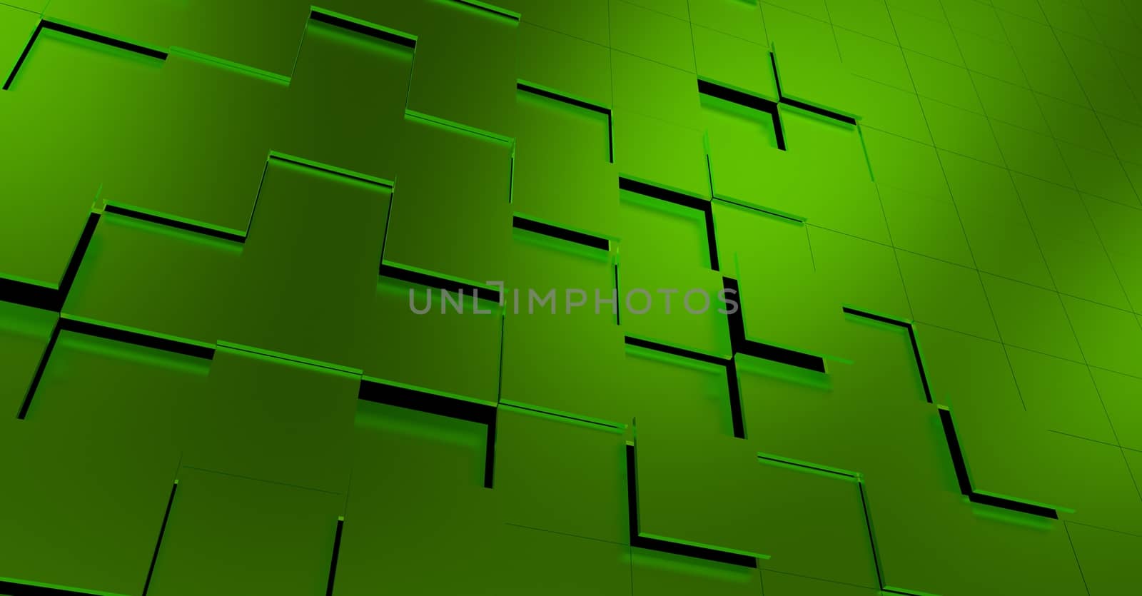 Green Abstract 3D Background. Multi-Green Squares Wall. 3D Rendered Background.