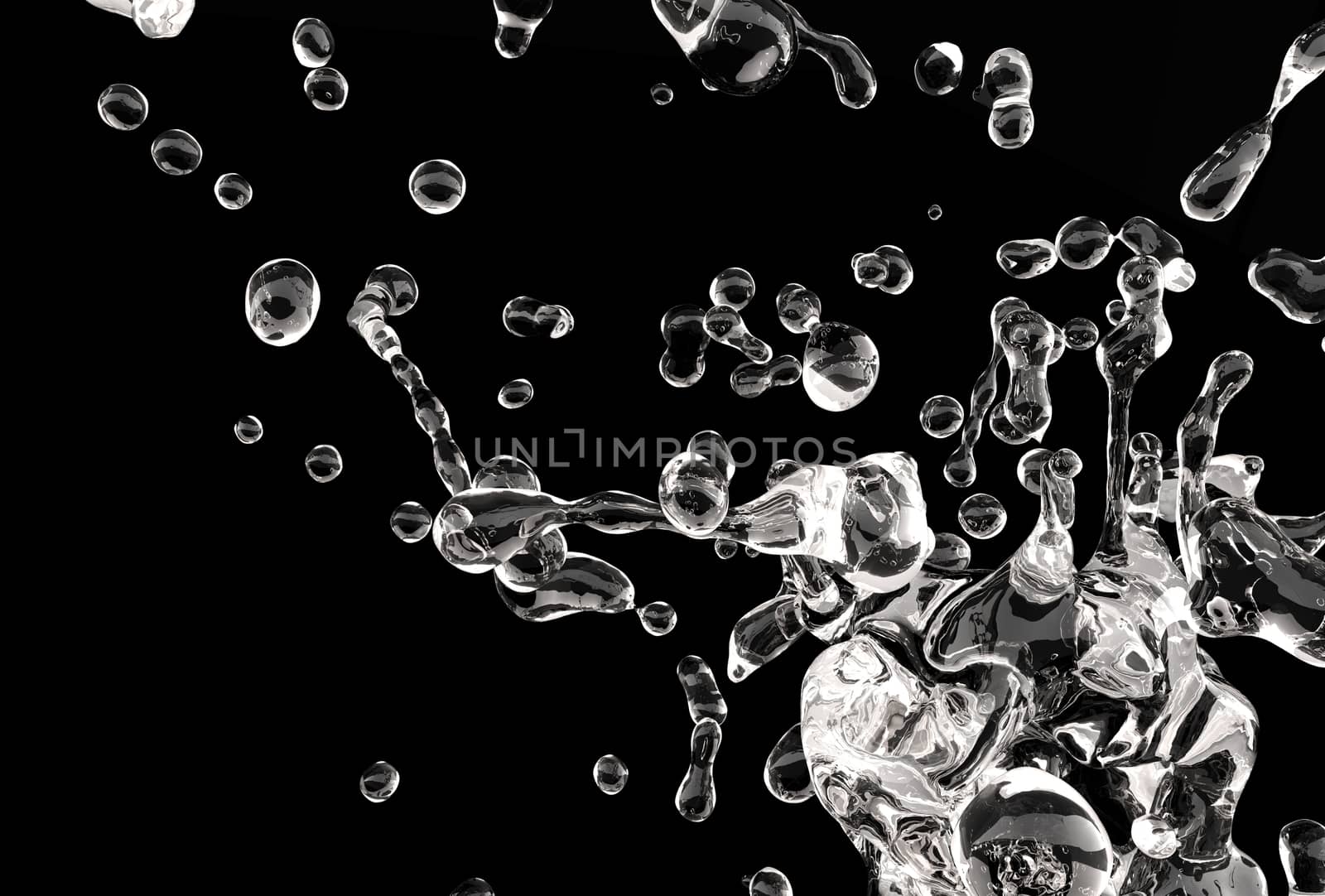 Black Crystal Liquid Splash. Crystal Clear Splashing Liquid/Water on Solid Black Background. 3D Illustration.