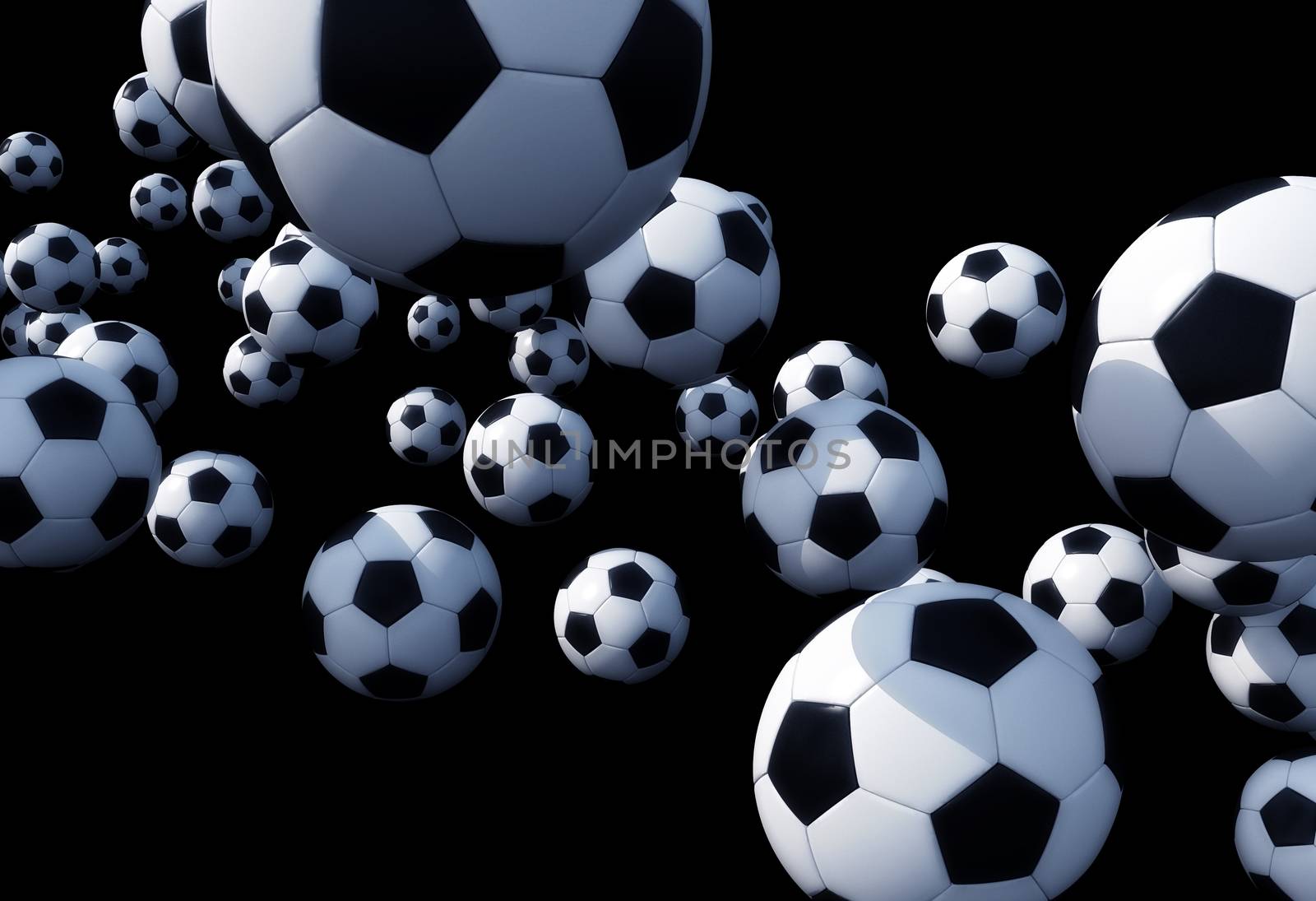 Falling Foot Balls on Solid Black Background. Football Background.