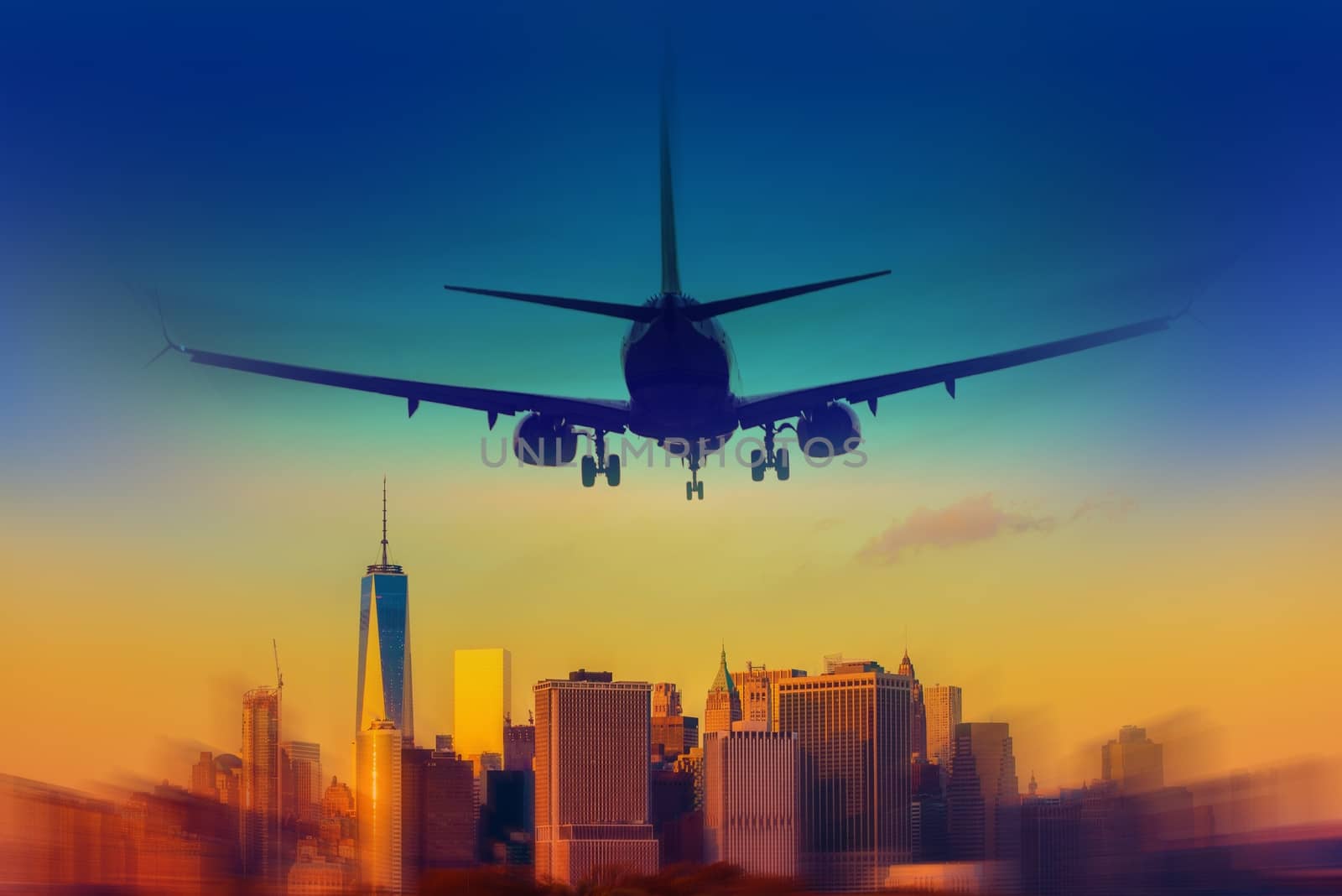 New York City Destination Abstract Concept. Landing Airplane in the New York.