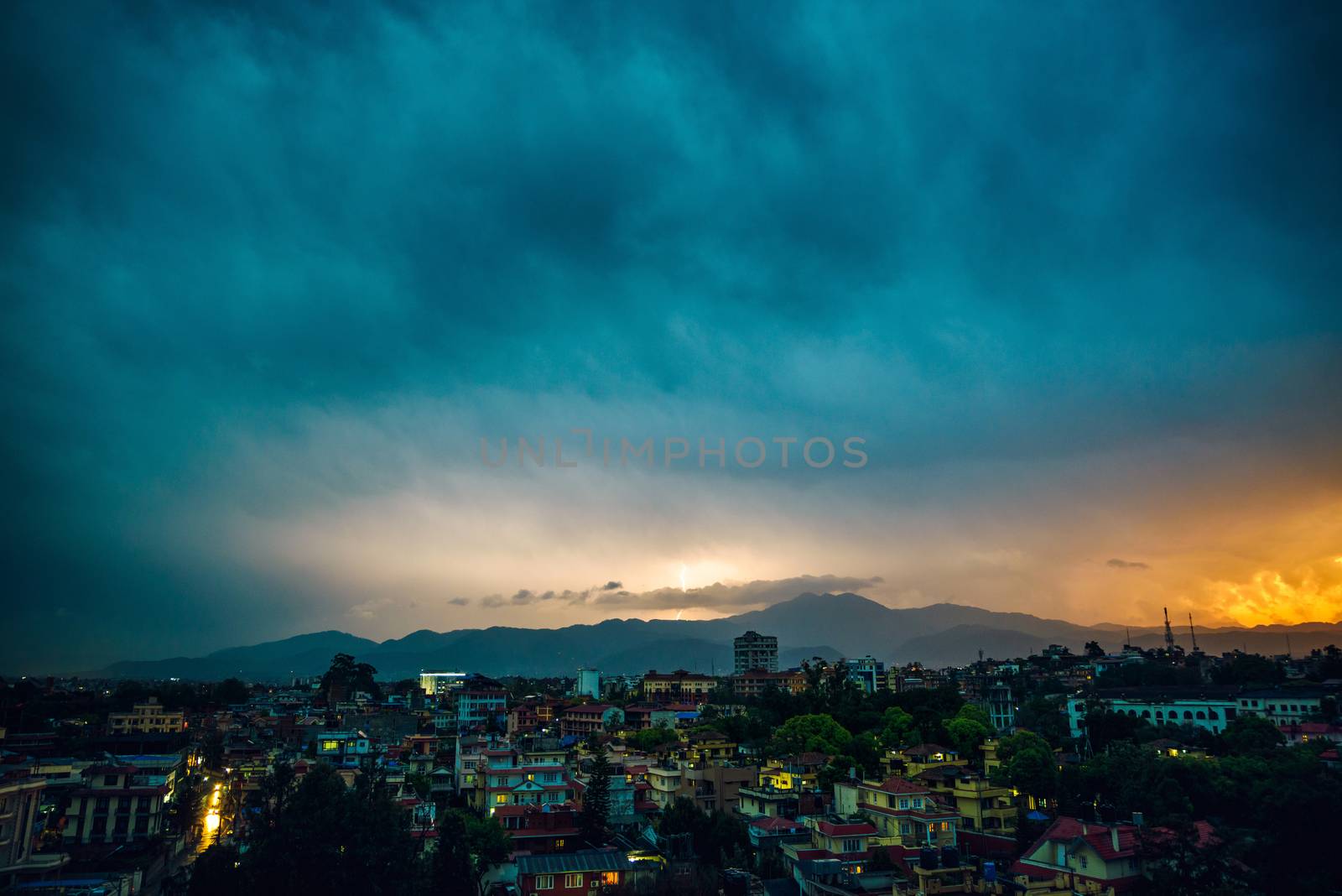Thunderstorm over Patan at sunset  in the Kathmandu valley, Nepal