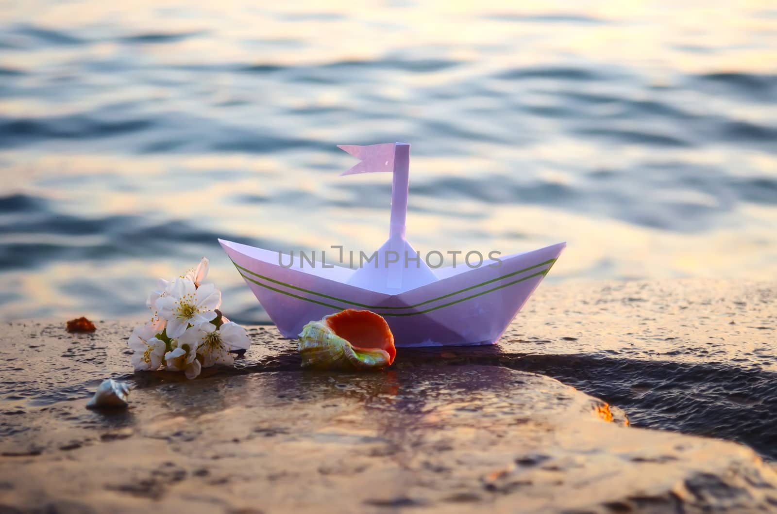 Paper boat, seashells and a sprig of cherry blossoms on a large stone on the seashore
