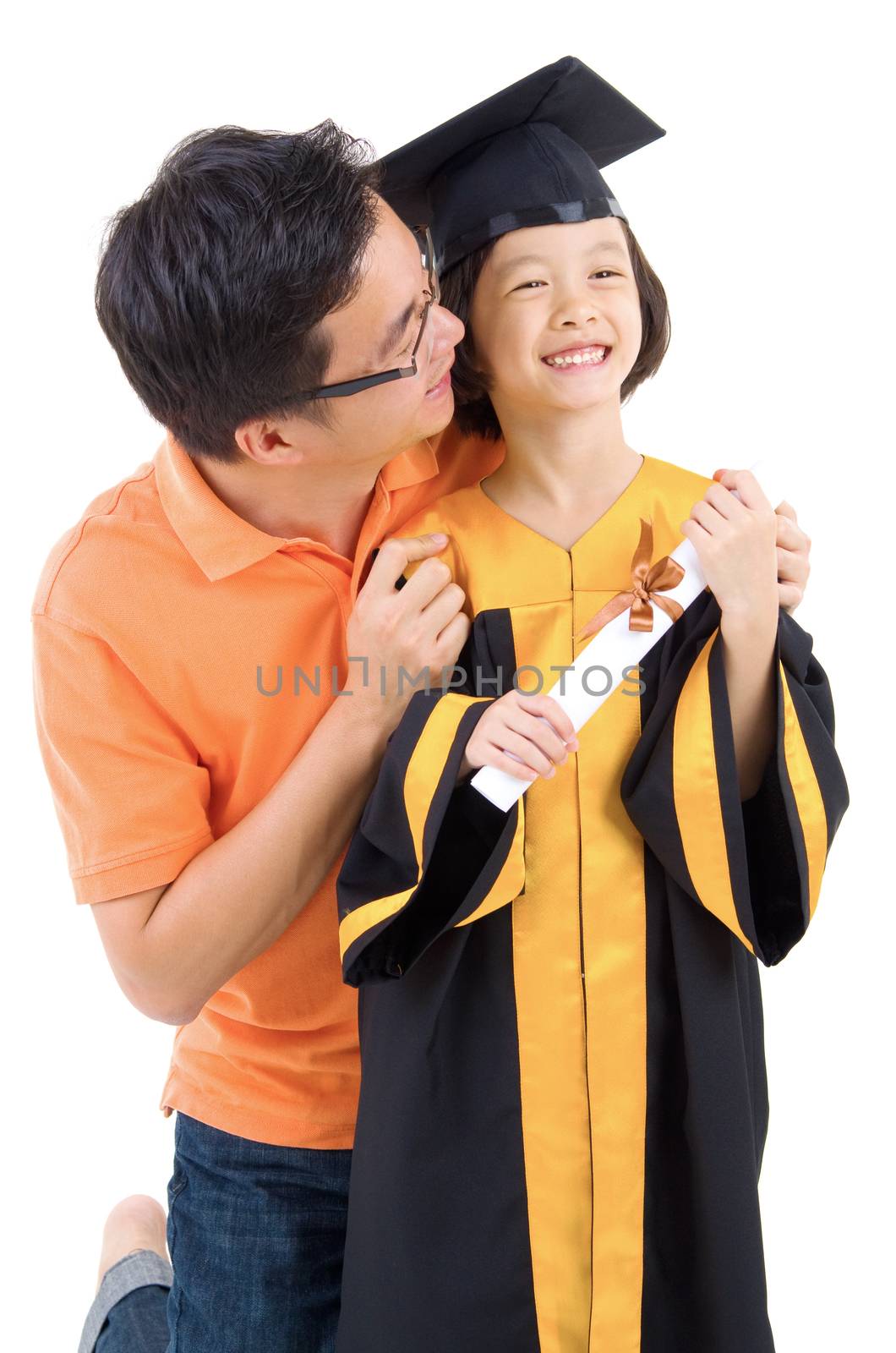 Asian daughter in graduation gown.Taking photo with her father.