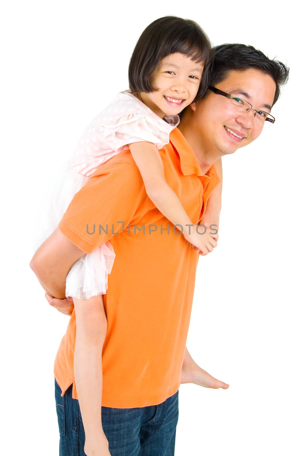 Asian father piggyback his daughter