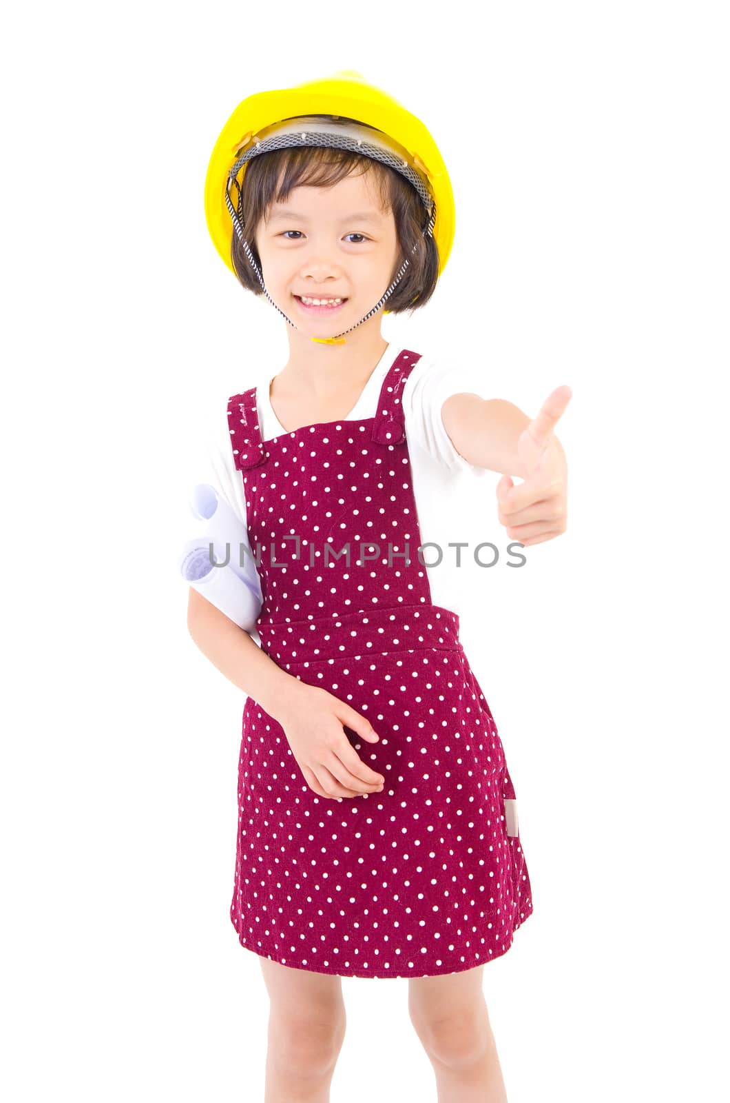 Little Engineer, Little girl wearing the  construction helmet,holding a contruction drawing, isolated over white background.