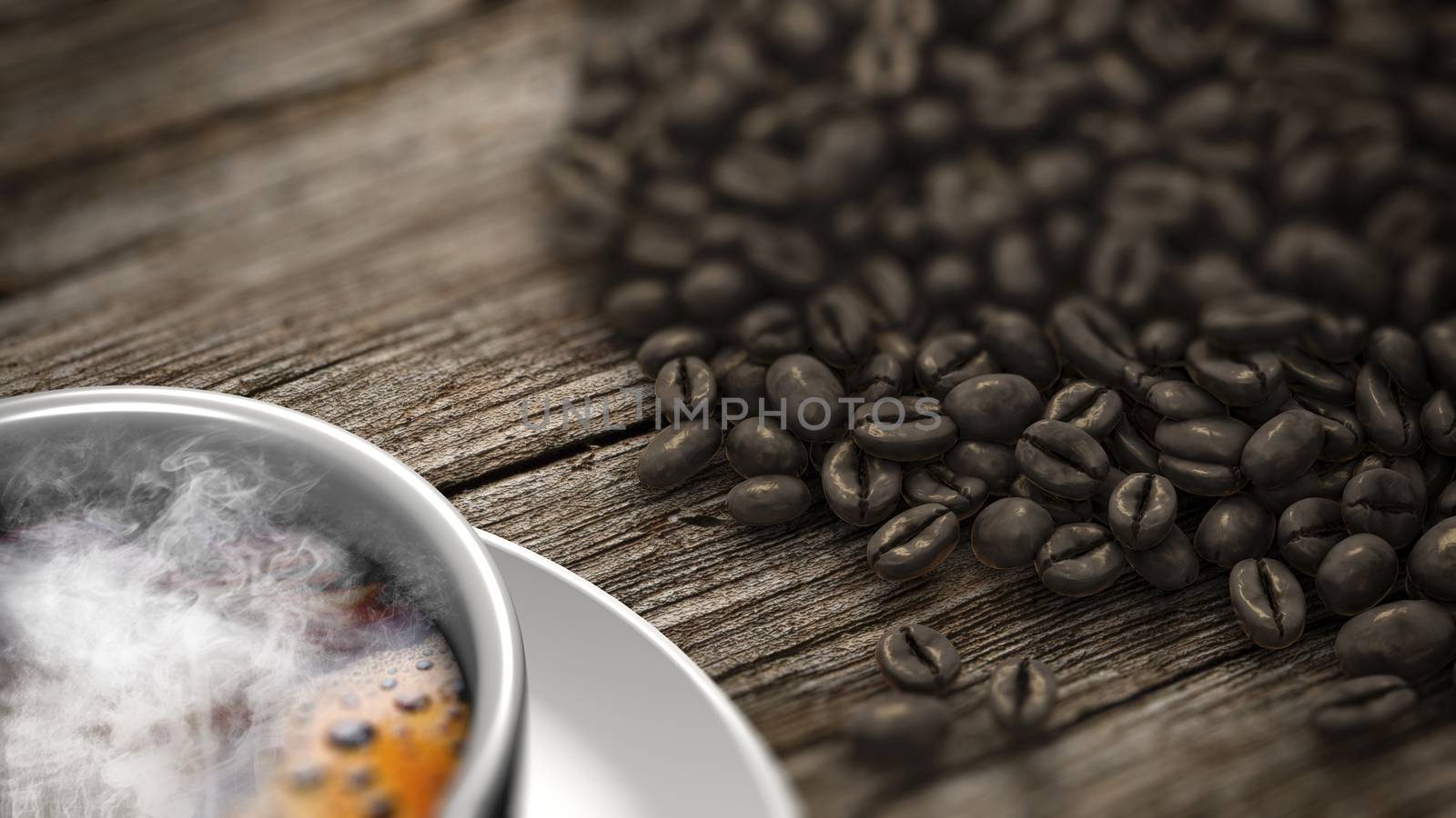 Closeup cup of coffee with smoke and coffee beans on an old wooden table. 3D Rendering.