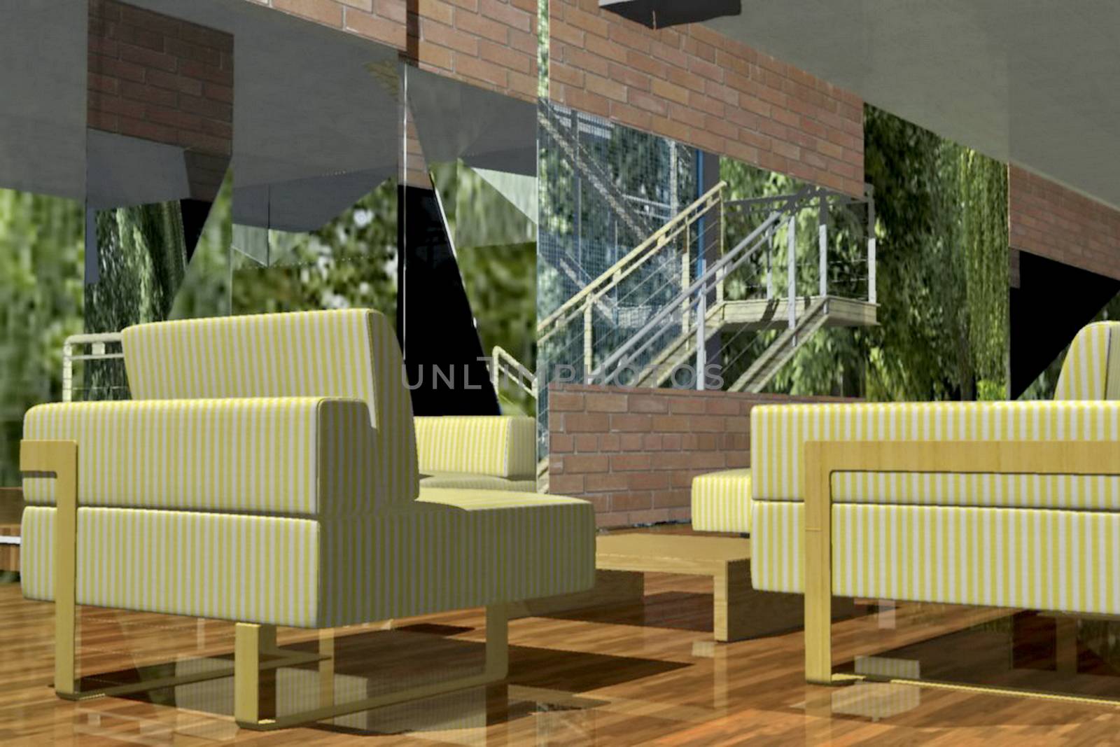 Modern living room with sofa and furniture 3D Rendering