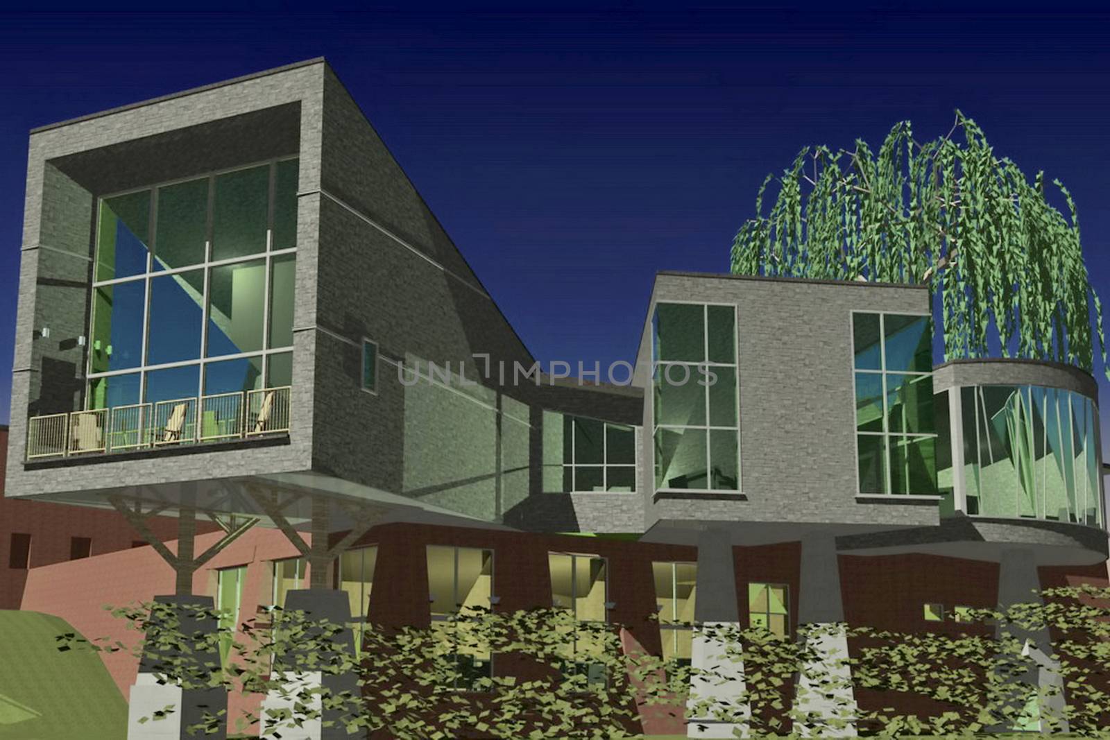 Residential apartment building on sunny day with blue sky 3D rendering