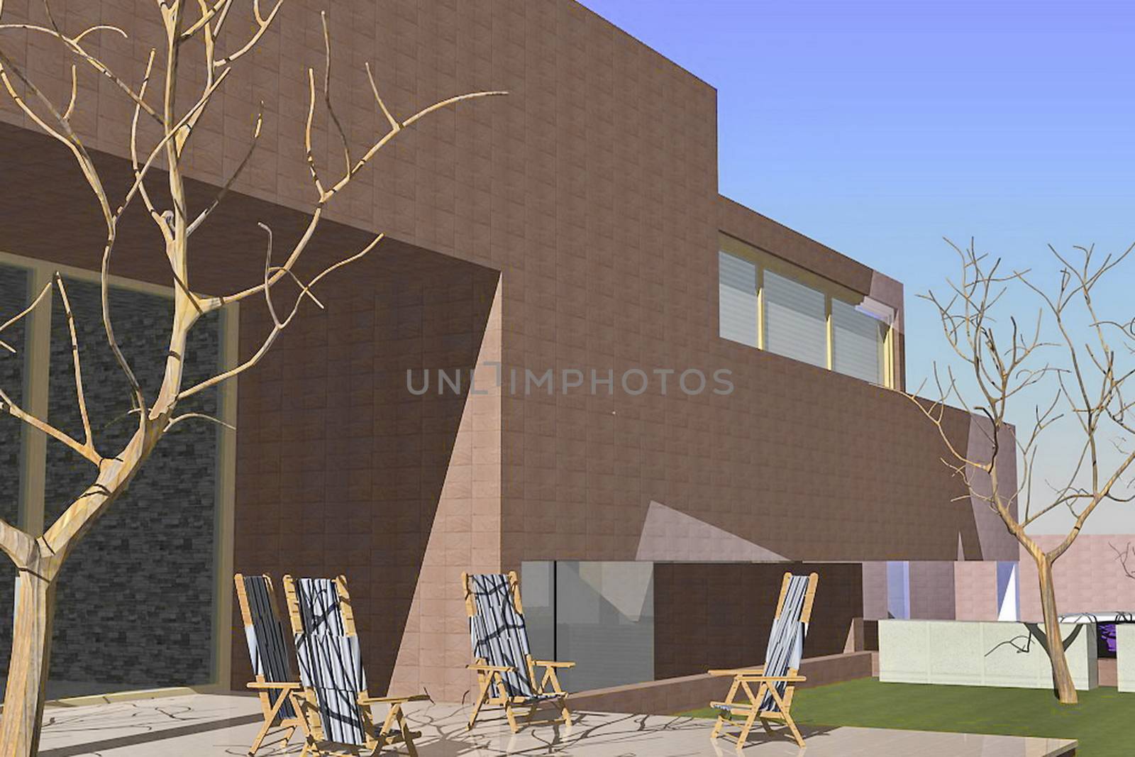 Residential apartment building on sunny day with blue sky 3D rendering