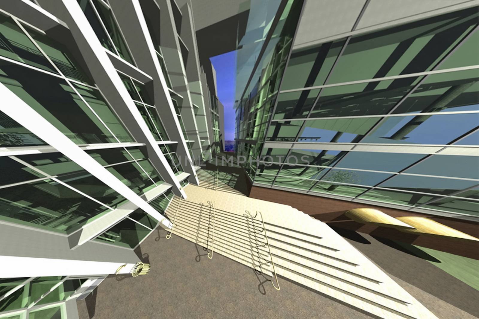 Residential apartment building on sunny day with blue sky 3D rendering