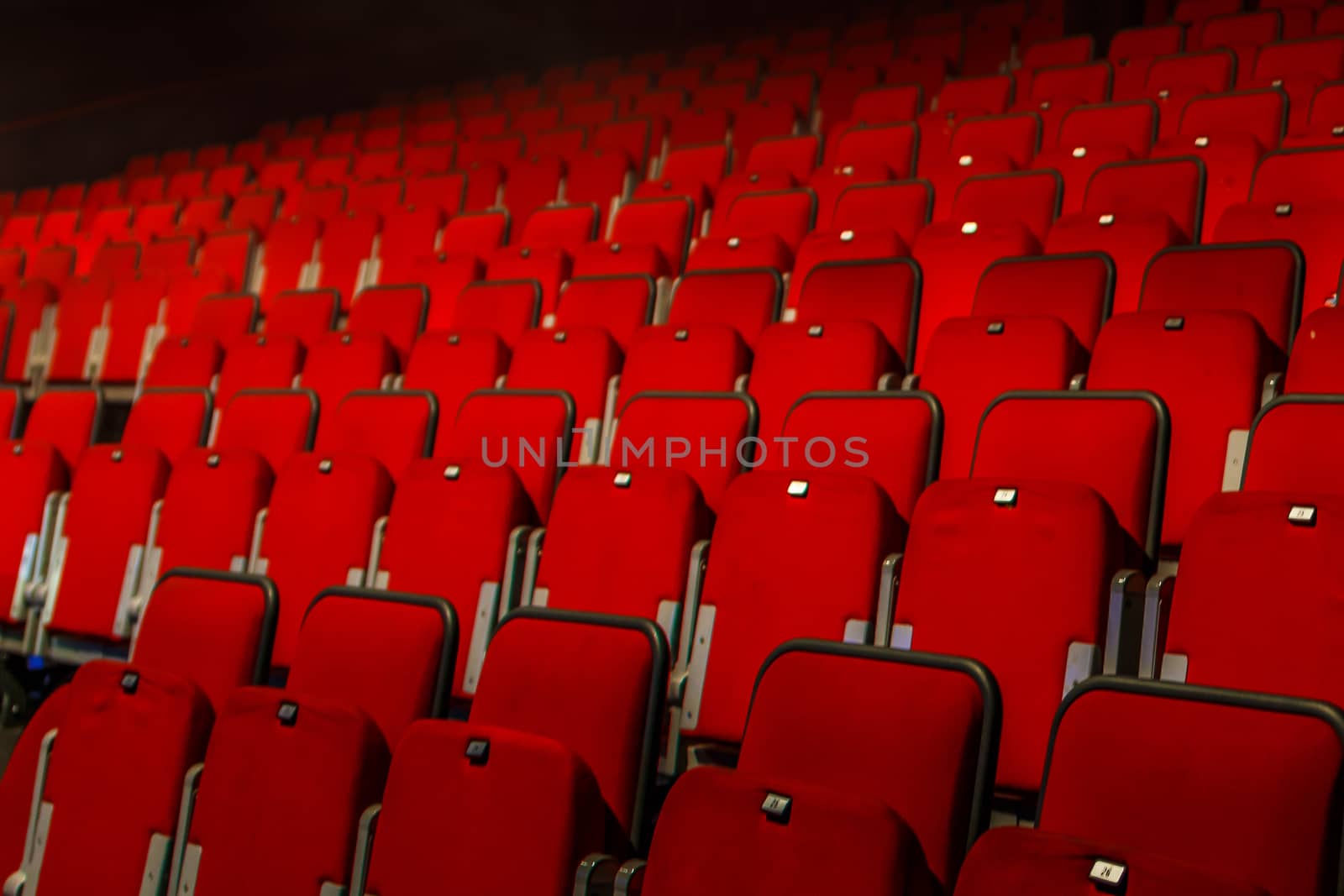 many rows of red theater seats indoors