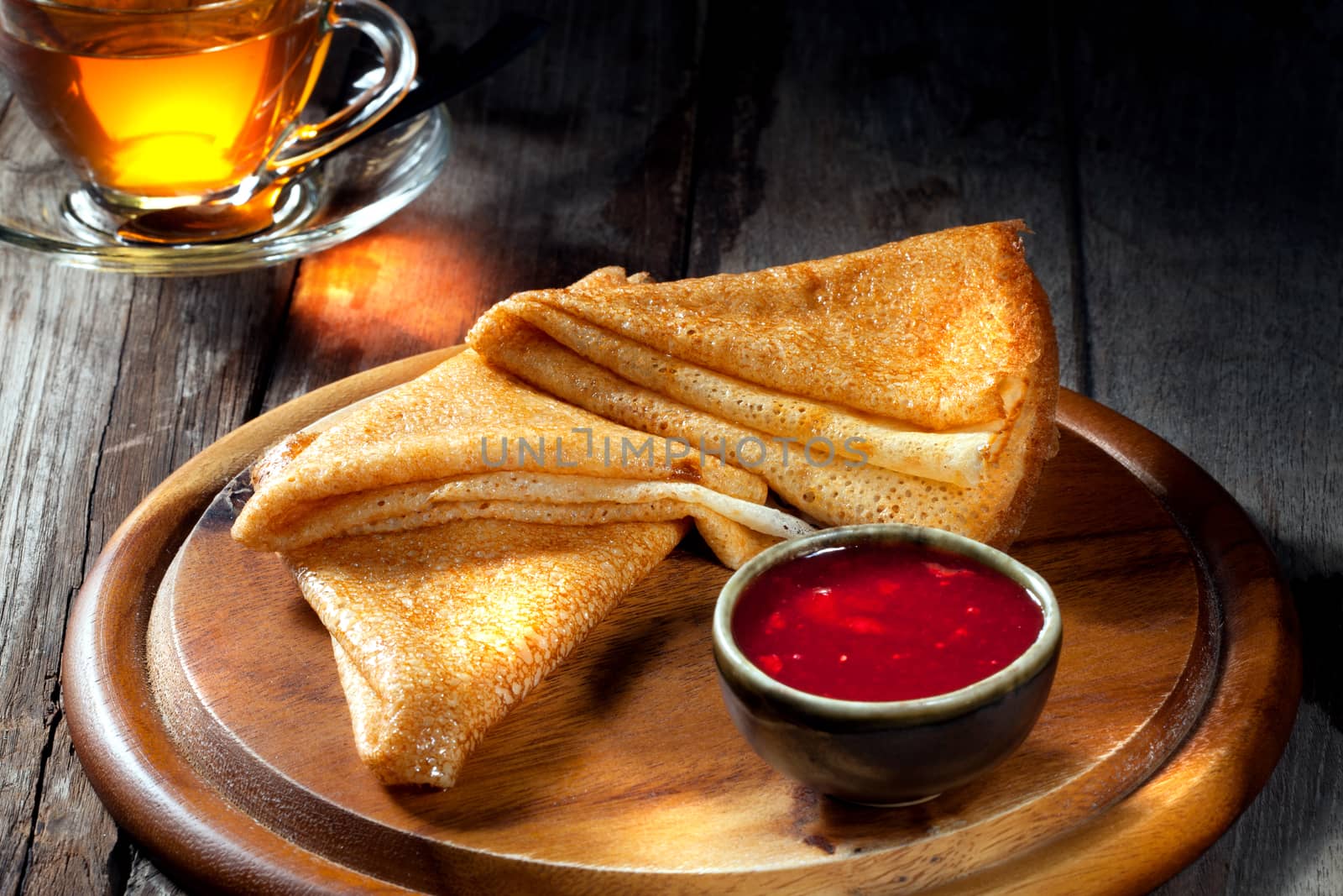 view of nice fresh hot crepes on color background