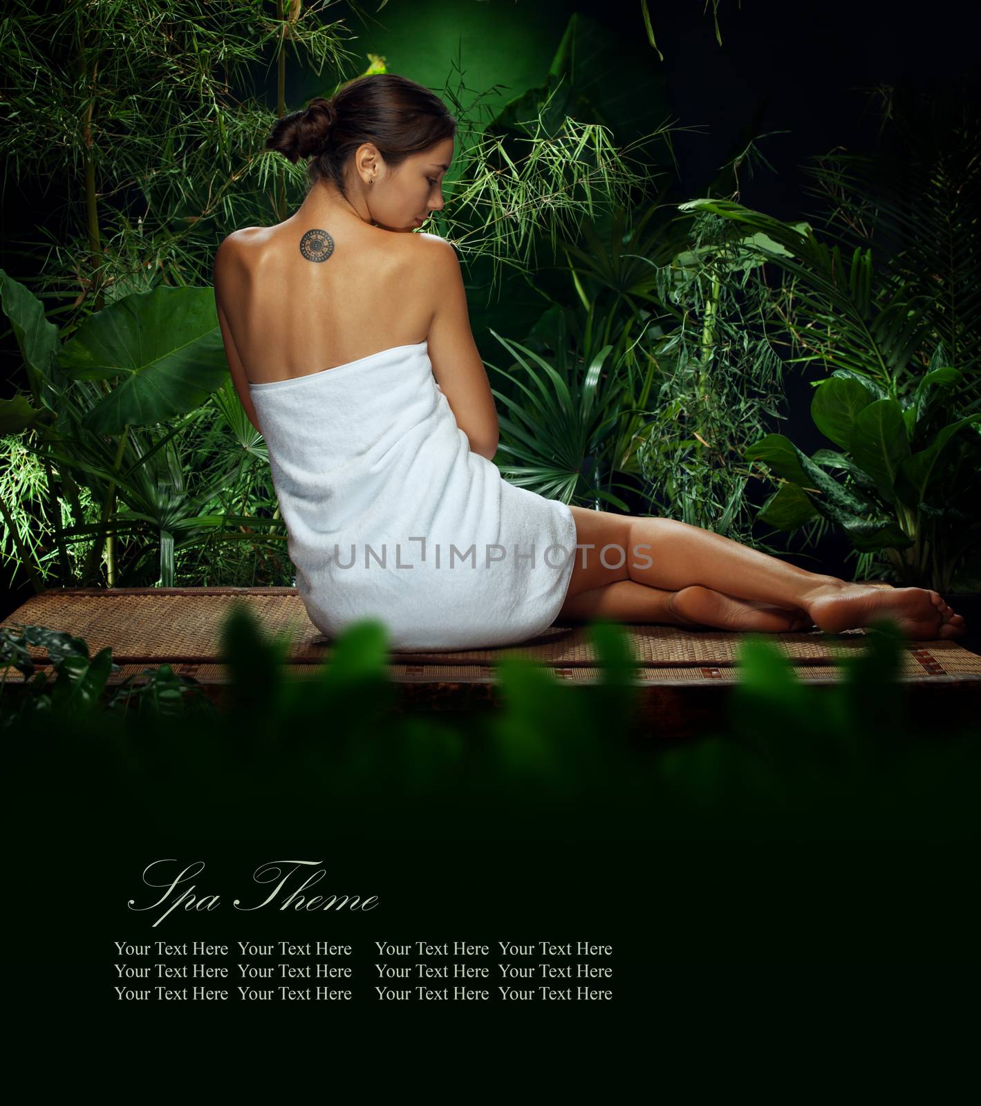 View of nice young woman meditating in spa tropic environment. Banner.