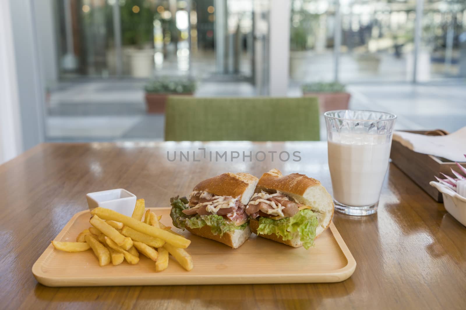 Ham and Cheese Sandwich with French Fries and Milk