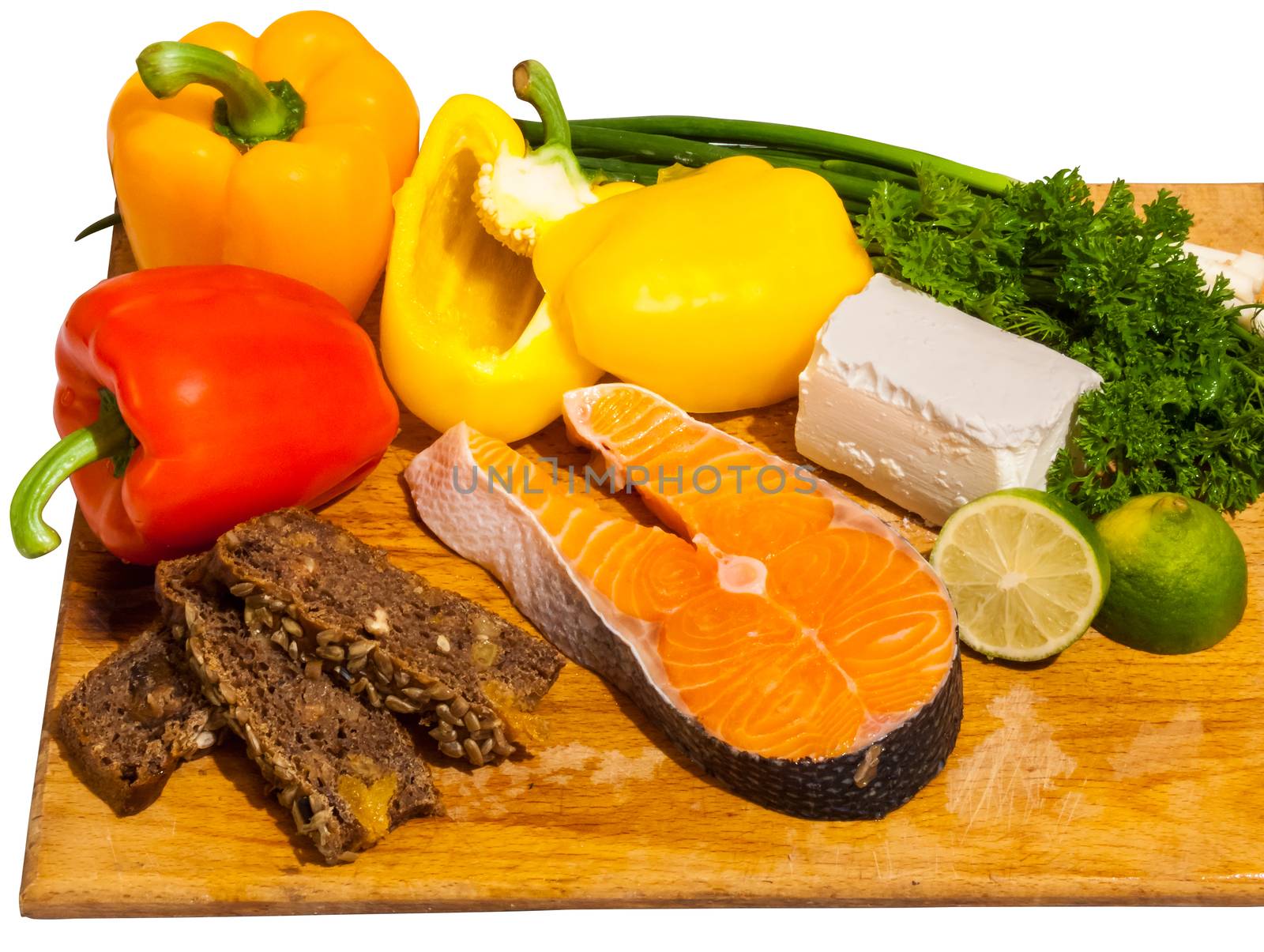 food ingredients for fish salad with salmon and bell pepper