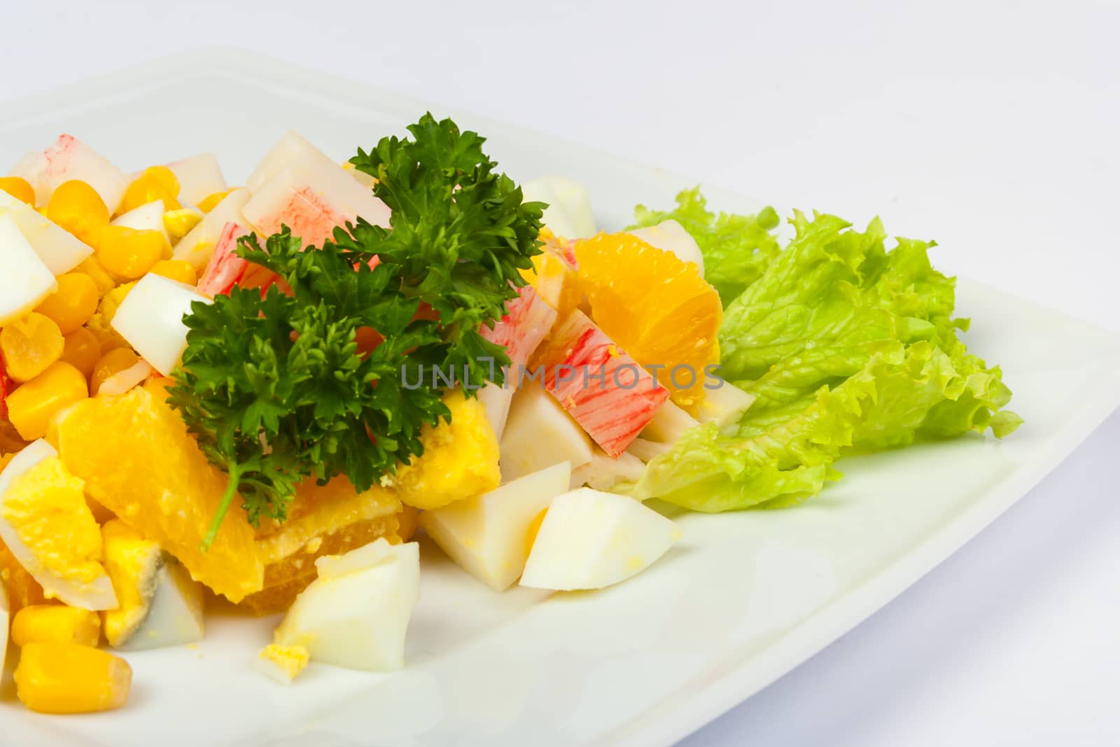 egg salad with sweet corn and crab sticks