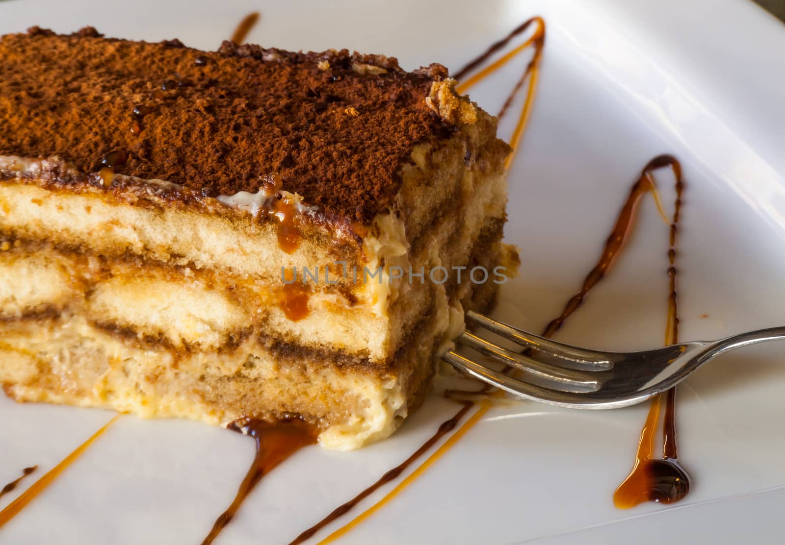 a huge chunk of the traditional  Italian, unforgettably delicious, rich and sweet tiramisu cake with cinnamon, caramel, honey and dessert fork