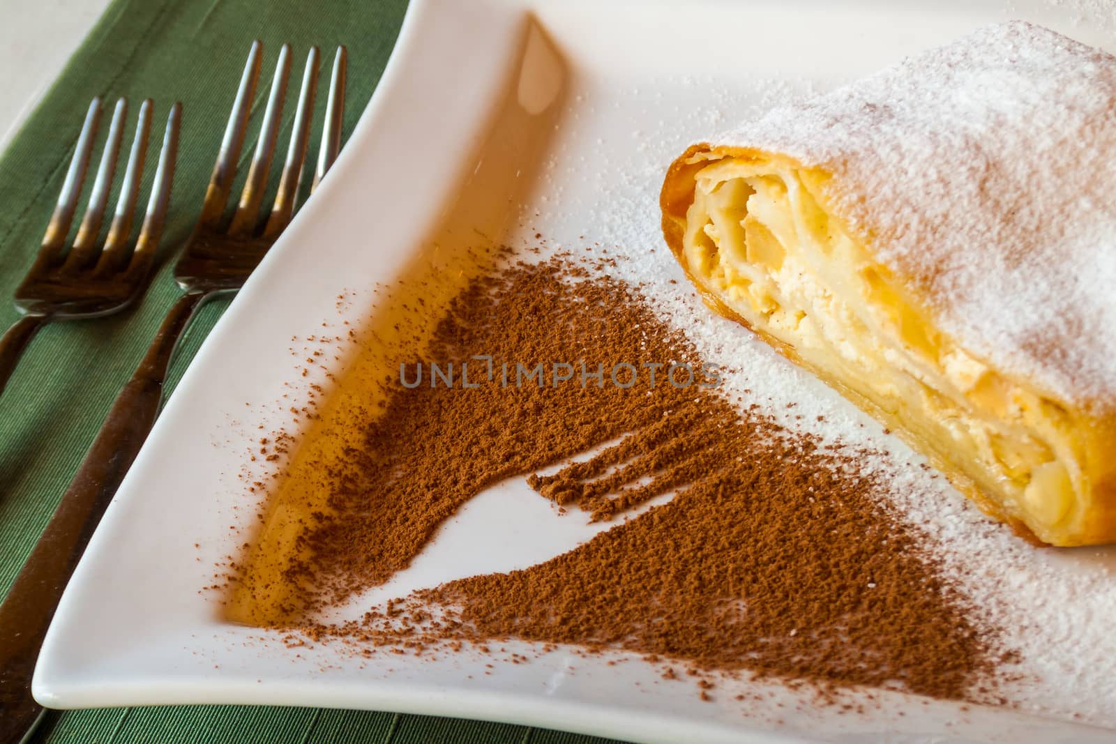 delicious strudel stuffed with cottage cheese, assign with powdered sugar on a white plate with a fork pattern of cocoa powder.