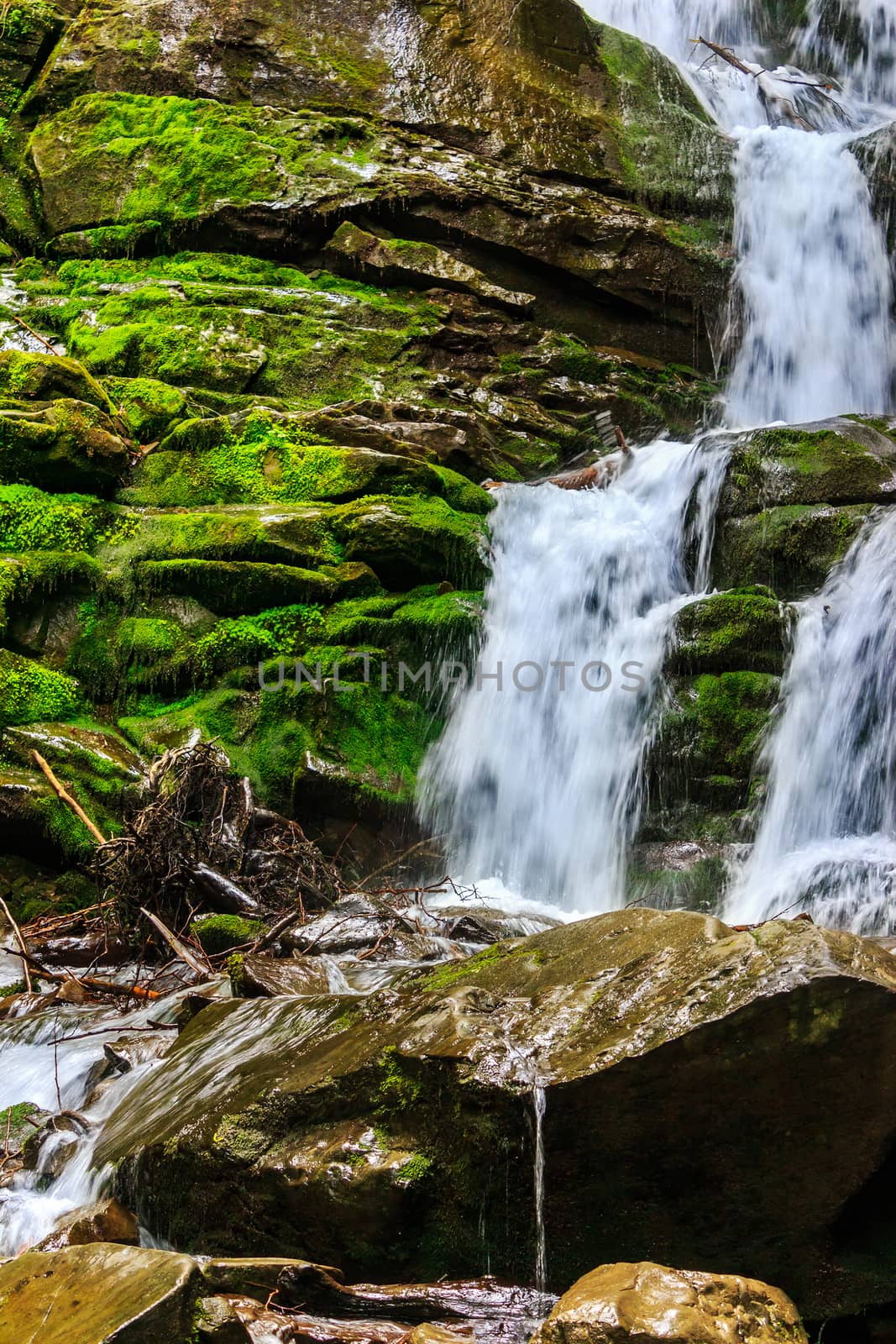 mountain stream on wet rocks with moss by Pellinni