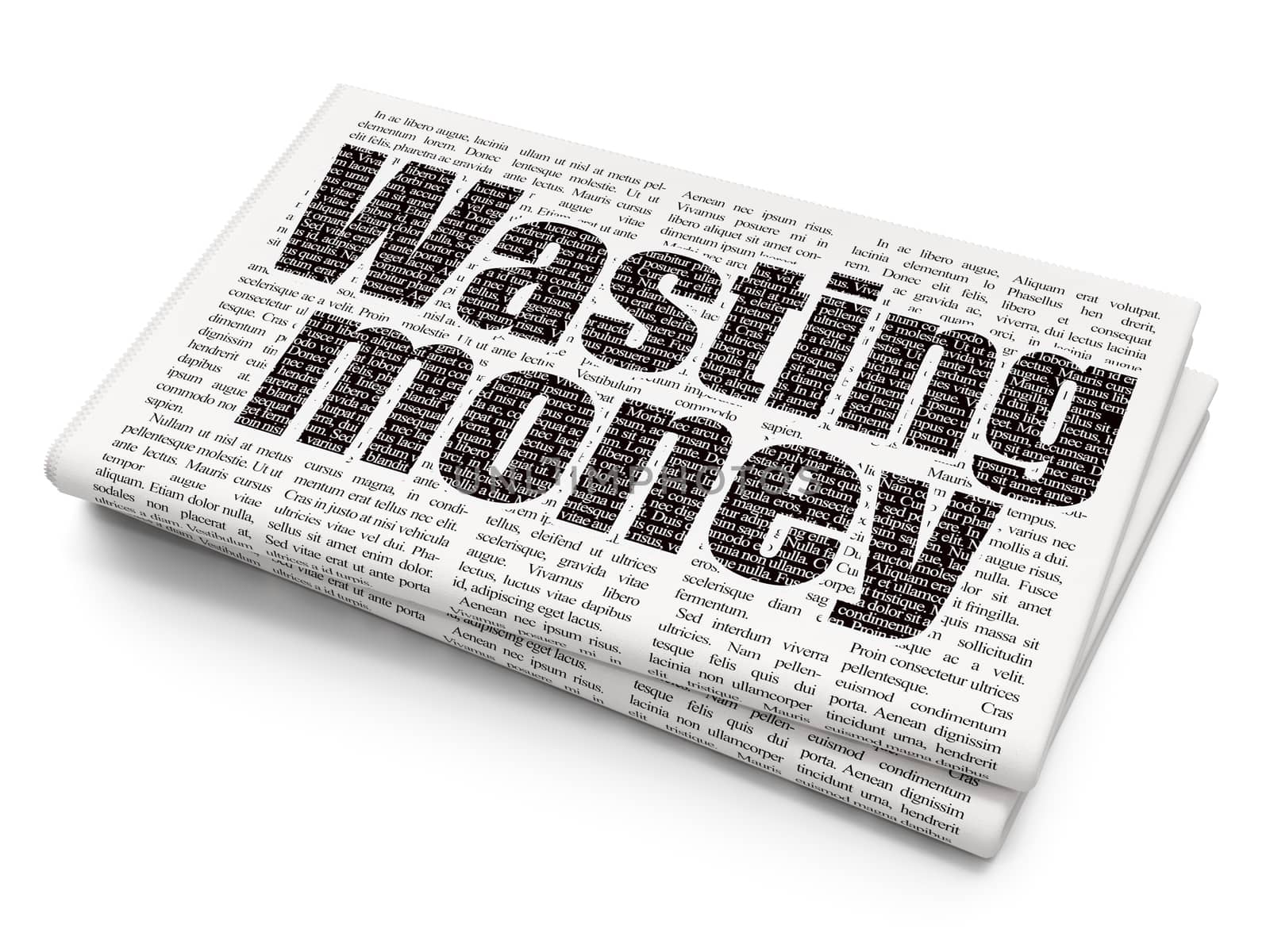 Money concept: Pixelated black text Wasting Money on Newspaper background, 3D rendering