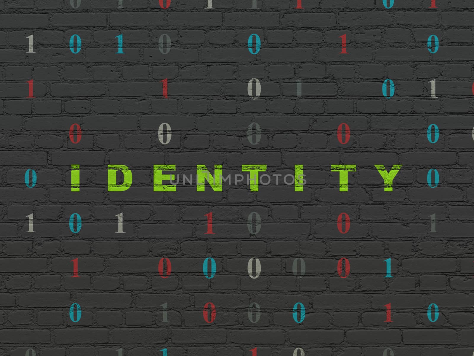 Privacy concept: Painted green text Identity on Black Brick wall background with Binary Code