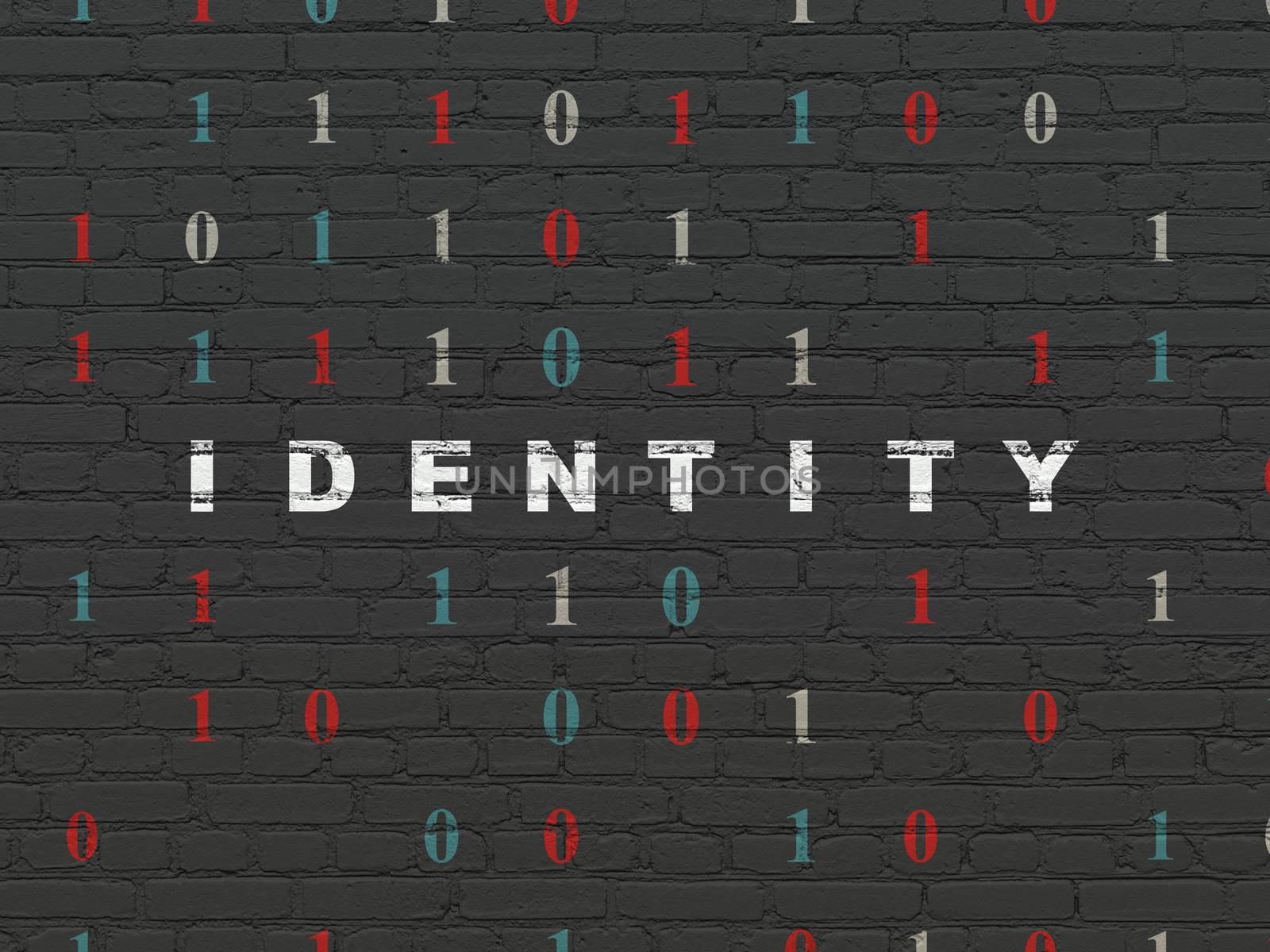 Security concept: Painted white text Identity on Black Brick wall background with Binary Code