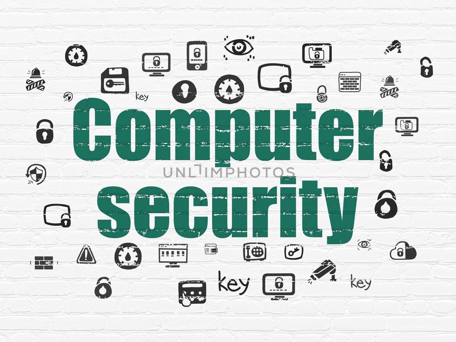 Safety concept: Painted green text Computer Security on White Brick wall background with  Hand Drawn Security Icons