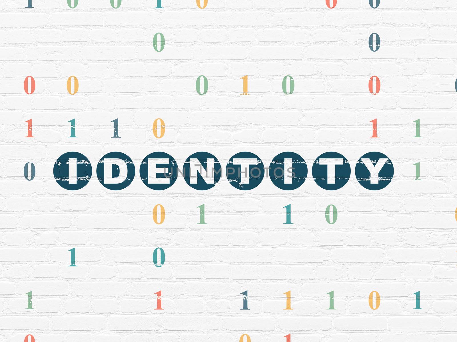 Privacy concept: Painted blue text Identity on White Brick wall background with Binary Code