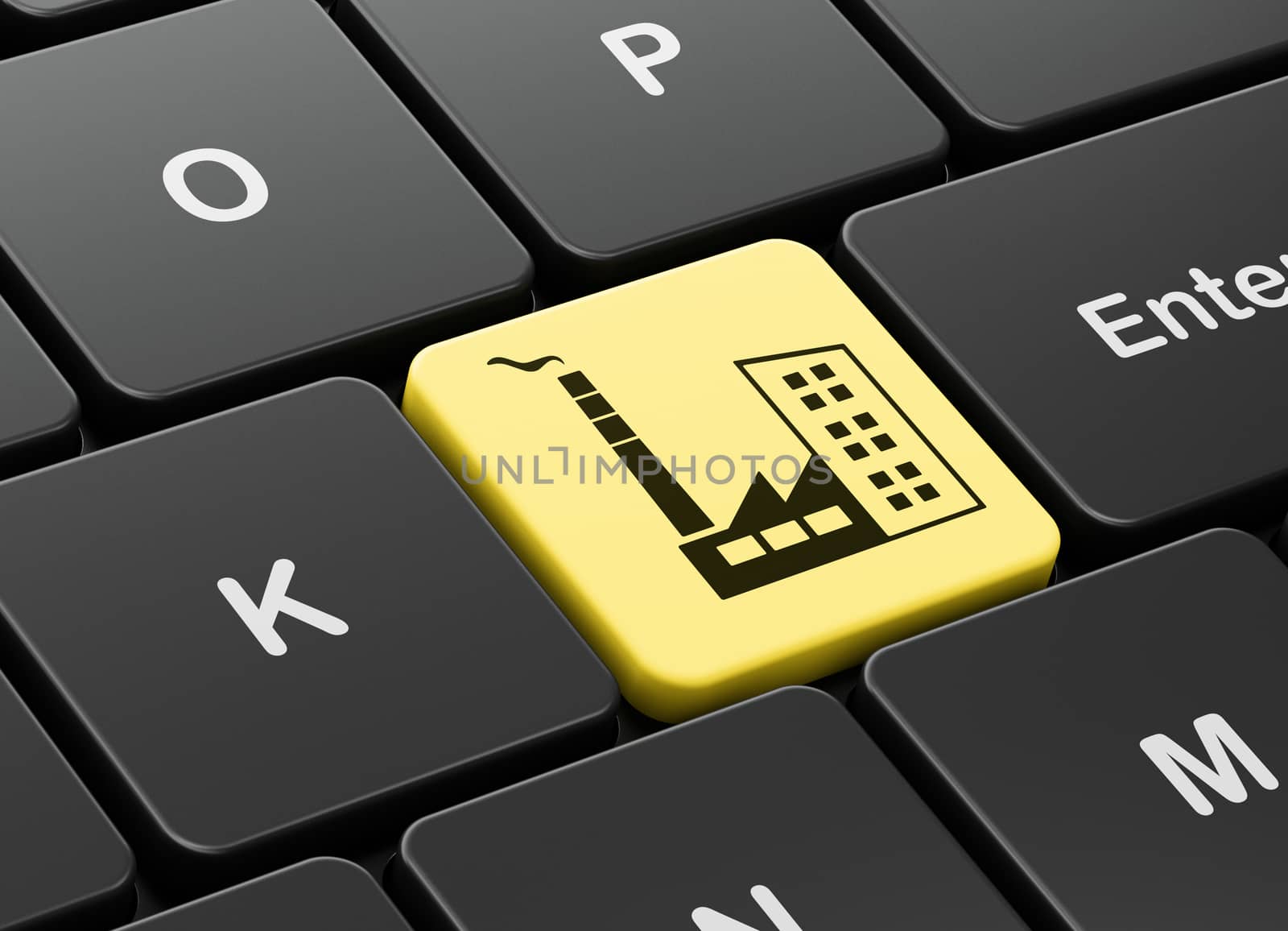 Finance concept: computer keyboard with Industry Building icon on enter button background, 3D rendering