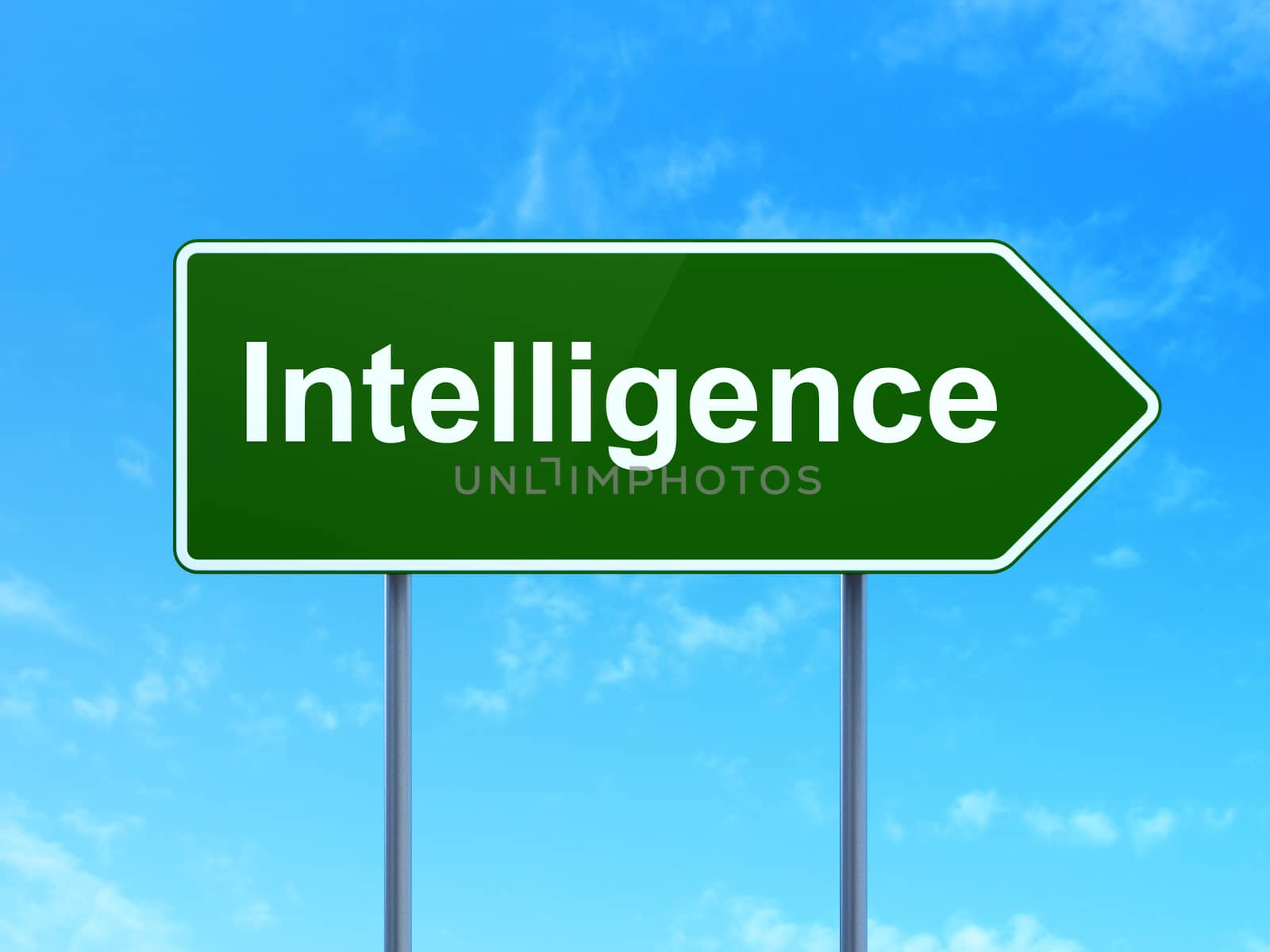 Studying concept: Intelligence on green road highway sign, clear blue sky background, 3D rendering