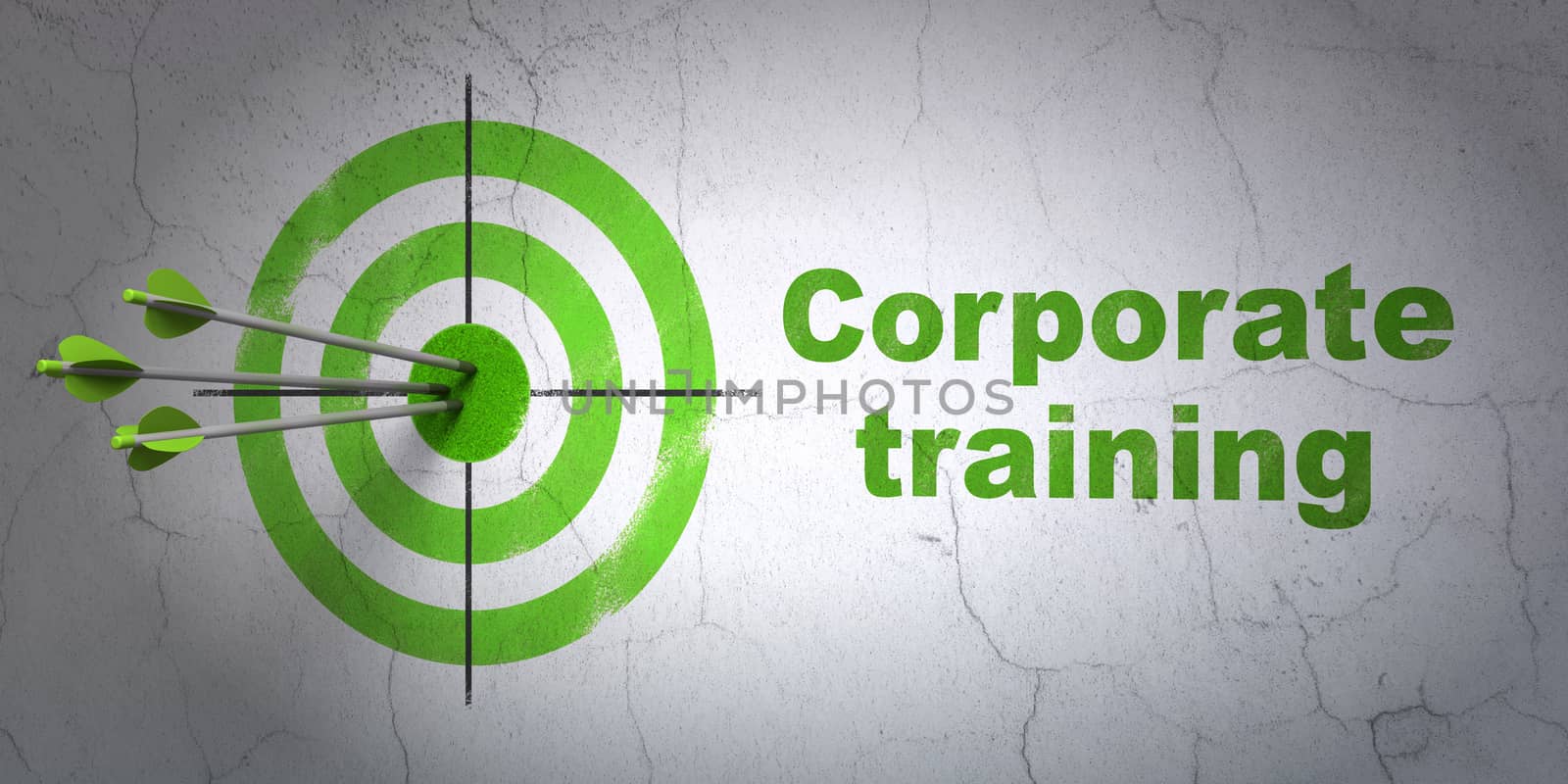 Success Studying concept: arrows hitting the center of target, Green Corporate Training on wall background, 3D rendering