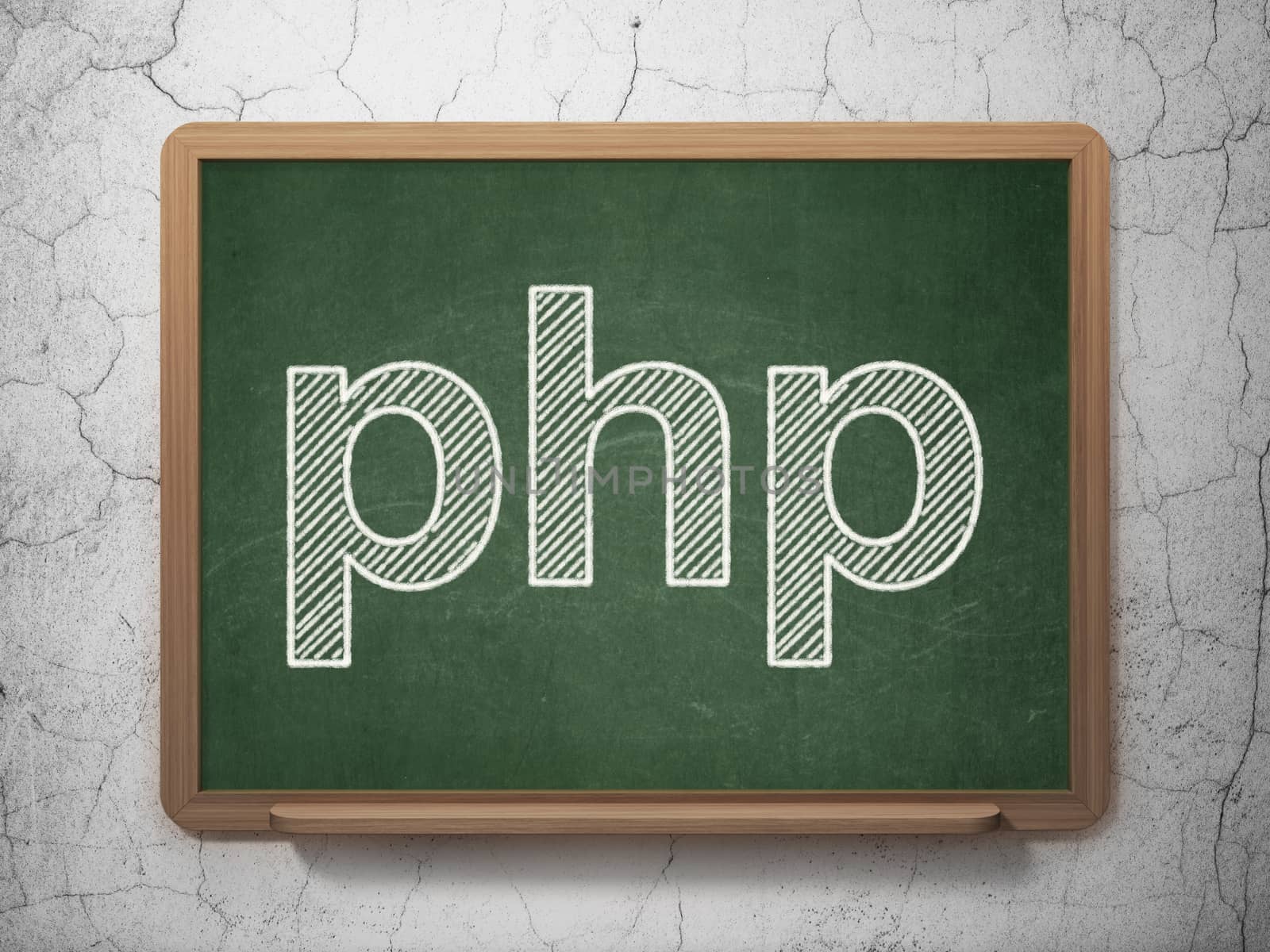 Software concept: text Php on Green chalkboard on grunge wall background, 3D rendering