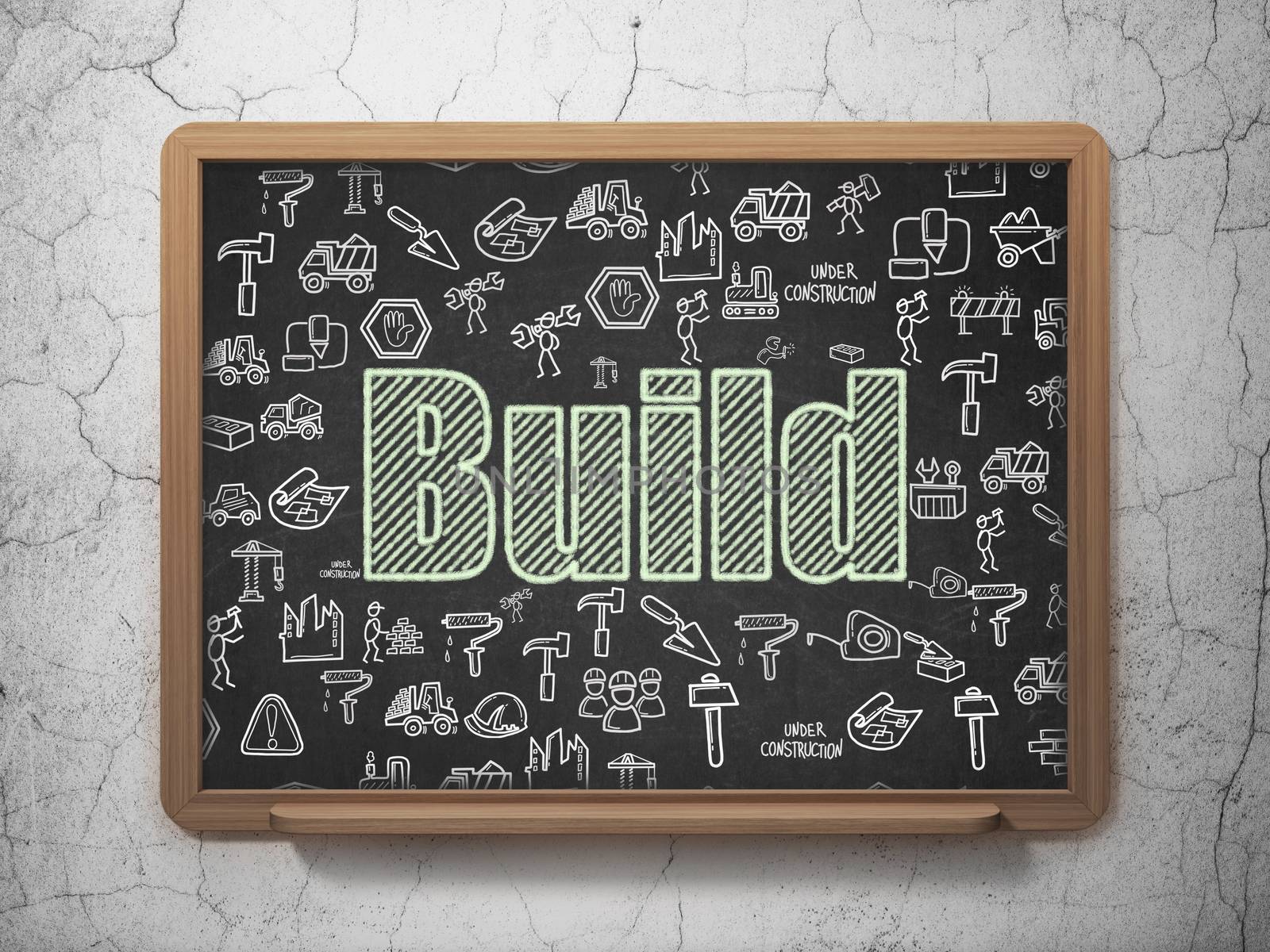 Construction concept: Chalk Green text Build on School board background with  Hand Drawn Construction Icons, 3D Rendering