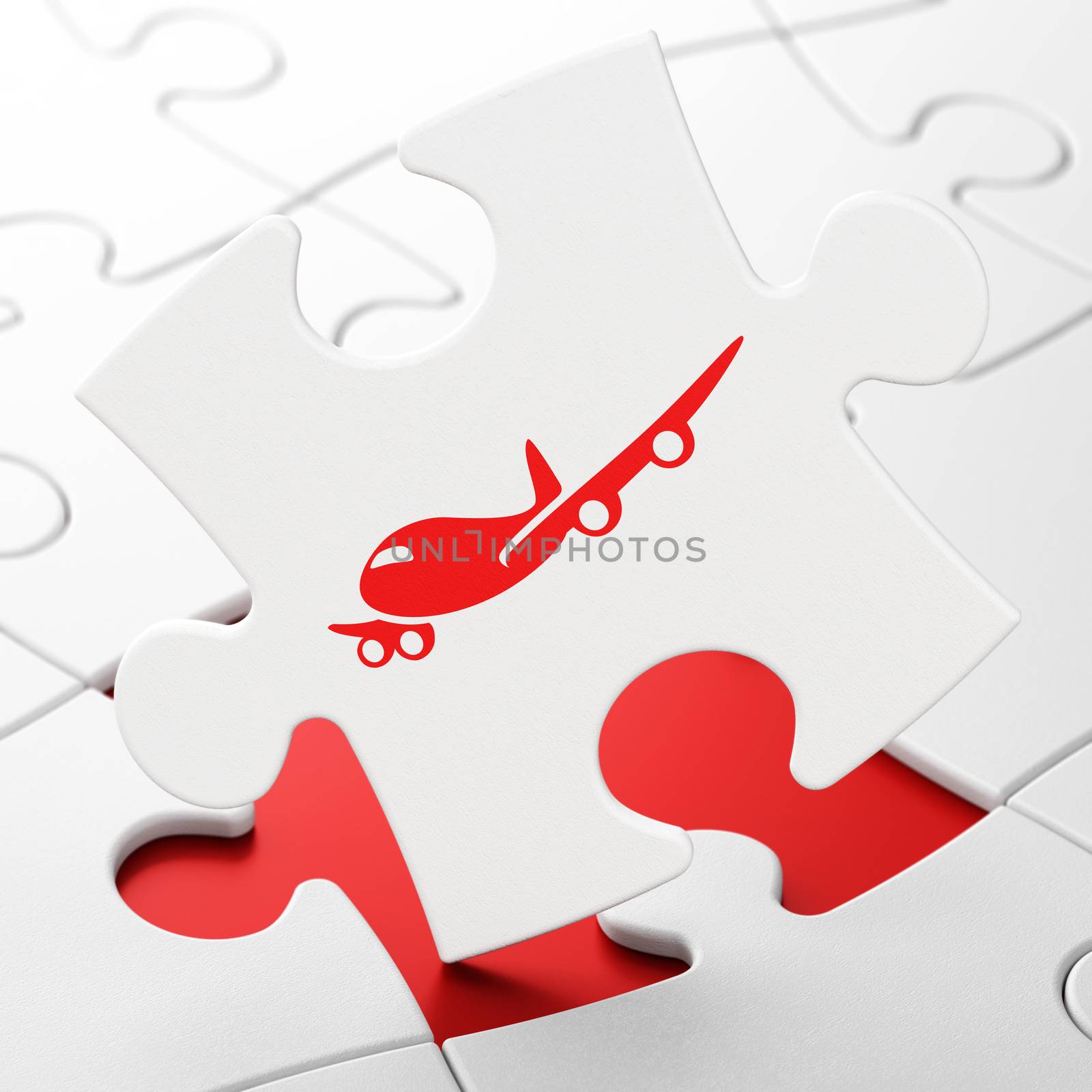 Vacation concept: Airplane on White puzzle pieces background, 3D rendering