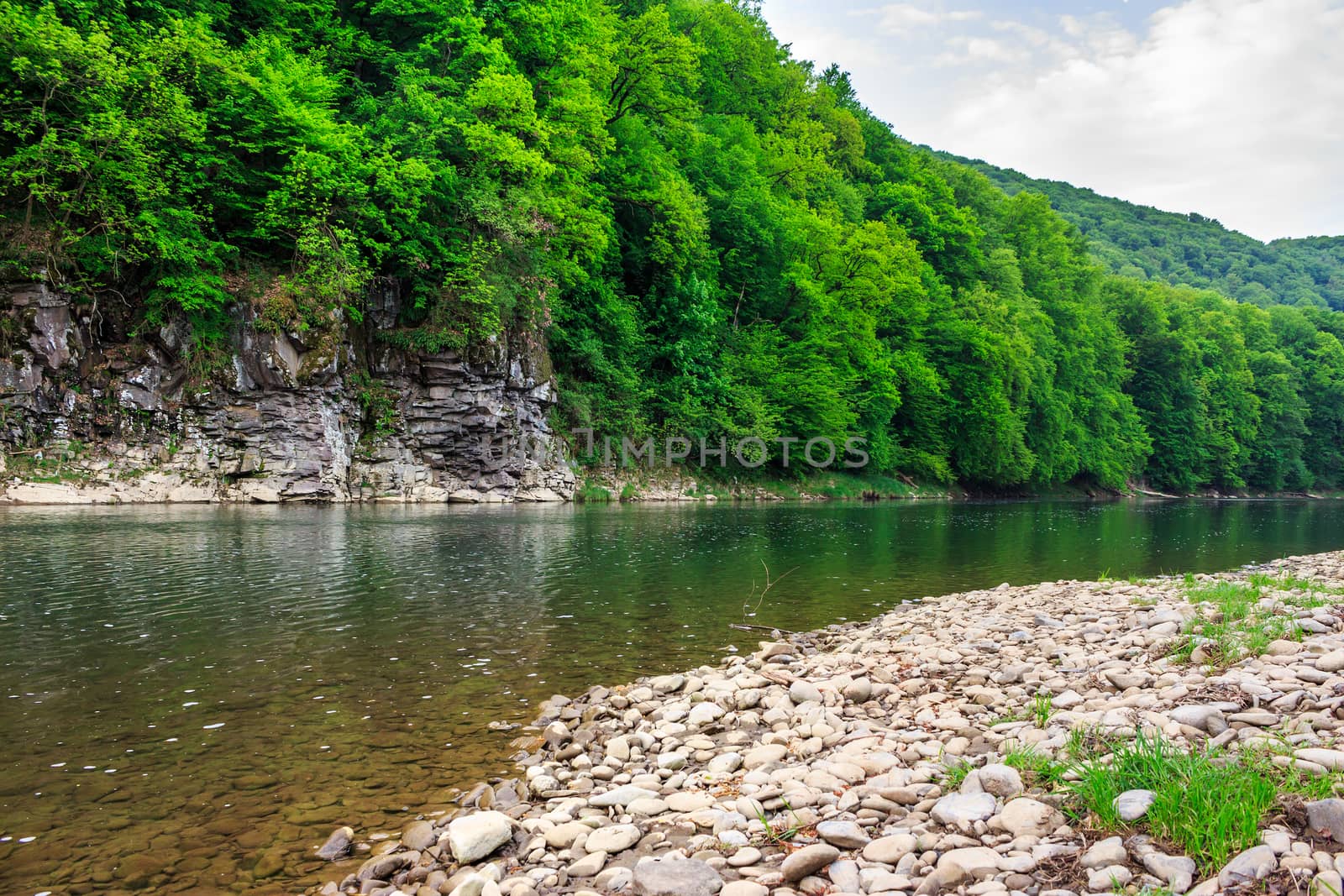 rocky coast and stony beach of a mountain river