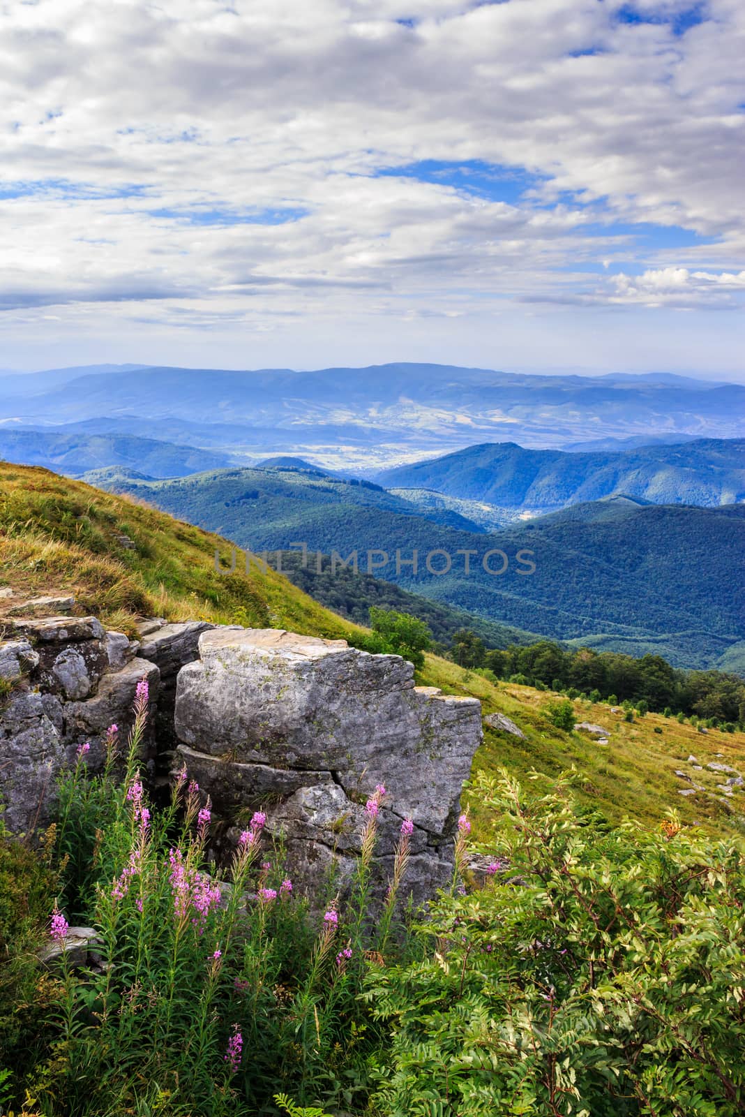 panorama of mountains and rocky ledge on the hillside. vertical