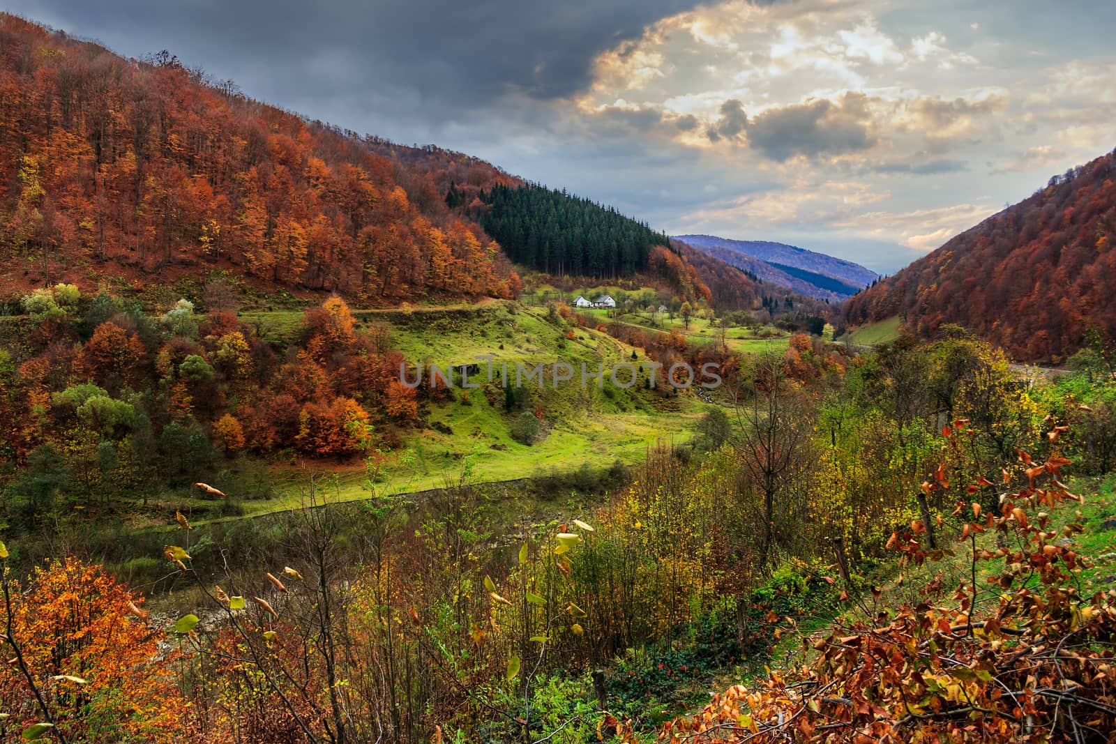 mountain landscape in late autumn. nullah of the river on the outskirts of the village.