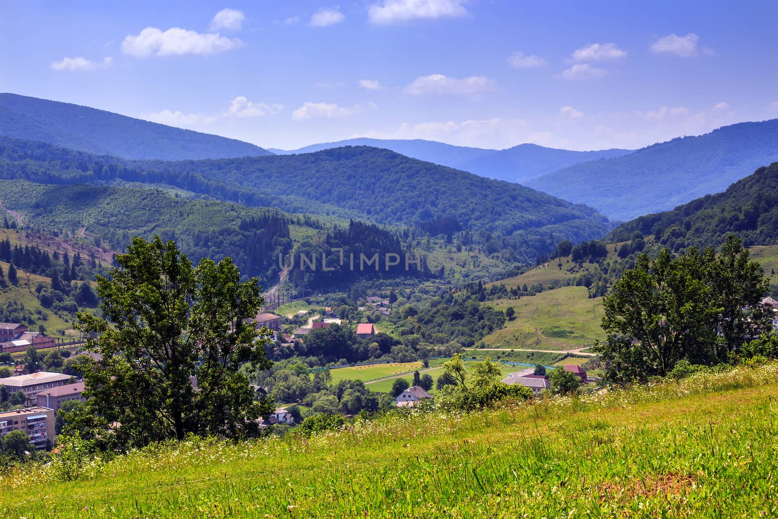 summer landscape. view from the hill over the city in a mountain valley