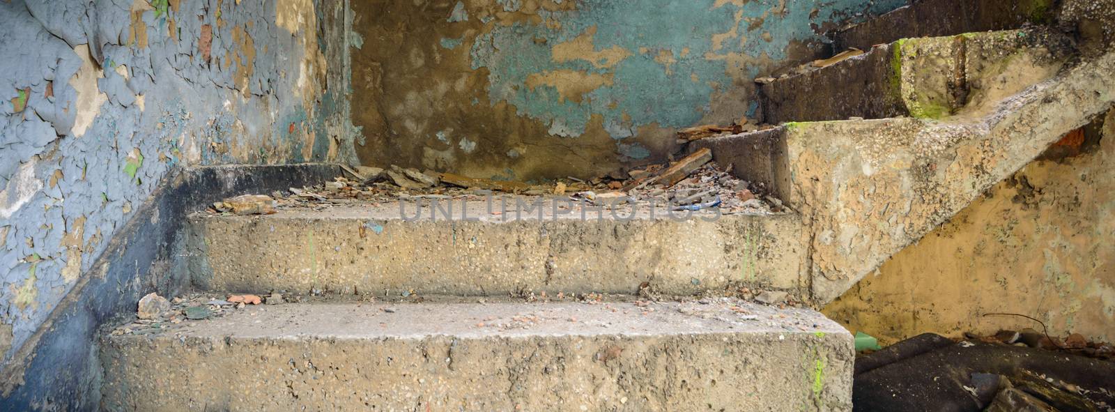 wide angle view of an old wall abandoned factory building